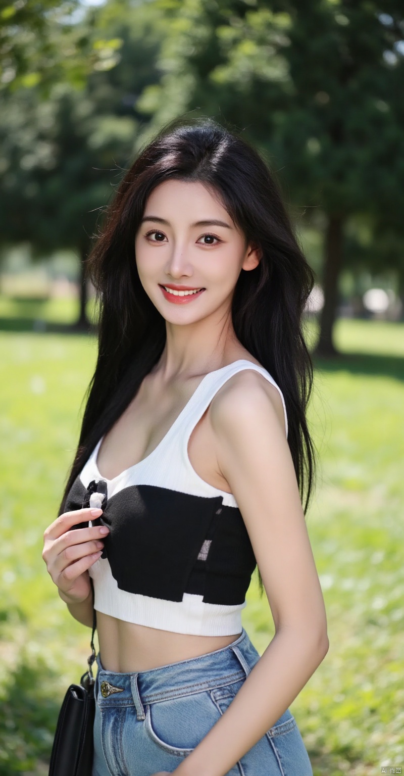 jjyiniaue,(woman outdoors,black and white top,blue shorts,long dark hair,smiling),beautiful detailed eyes,beautiful detailed lips,extremely detailed eyes and face,long eyelashes,relaxed pose,standing in a park,sunny day,green grass,trees in background,soft shadows,(best quality,4k,8k,highres,masterpiece:1.2),ultra-detailed,(realistic,photorealistic,photo-realistic:1.37),HDR,studio lighting,sharp focus,physically-based rendering,extreme detail description,professional,vivid colors,bokeh,summer atmosphere,casual outfit,joyful expression,natural light,portrait photography,