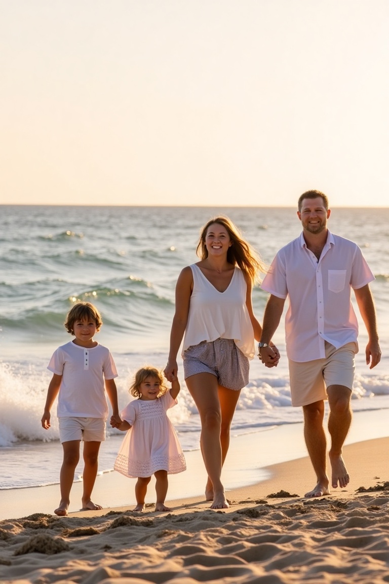 A family of four standing on a sandy beach,  the ocean in the background with gentle waves,  golden hour lighting casting...