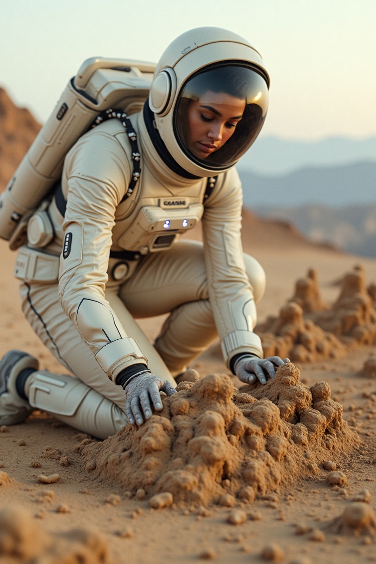 A woman in a futuristic spacesuit,  kneeling on a sandy planet,  building intricate sandcastles with glowing elements on T...
