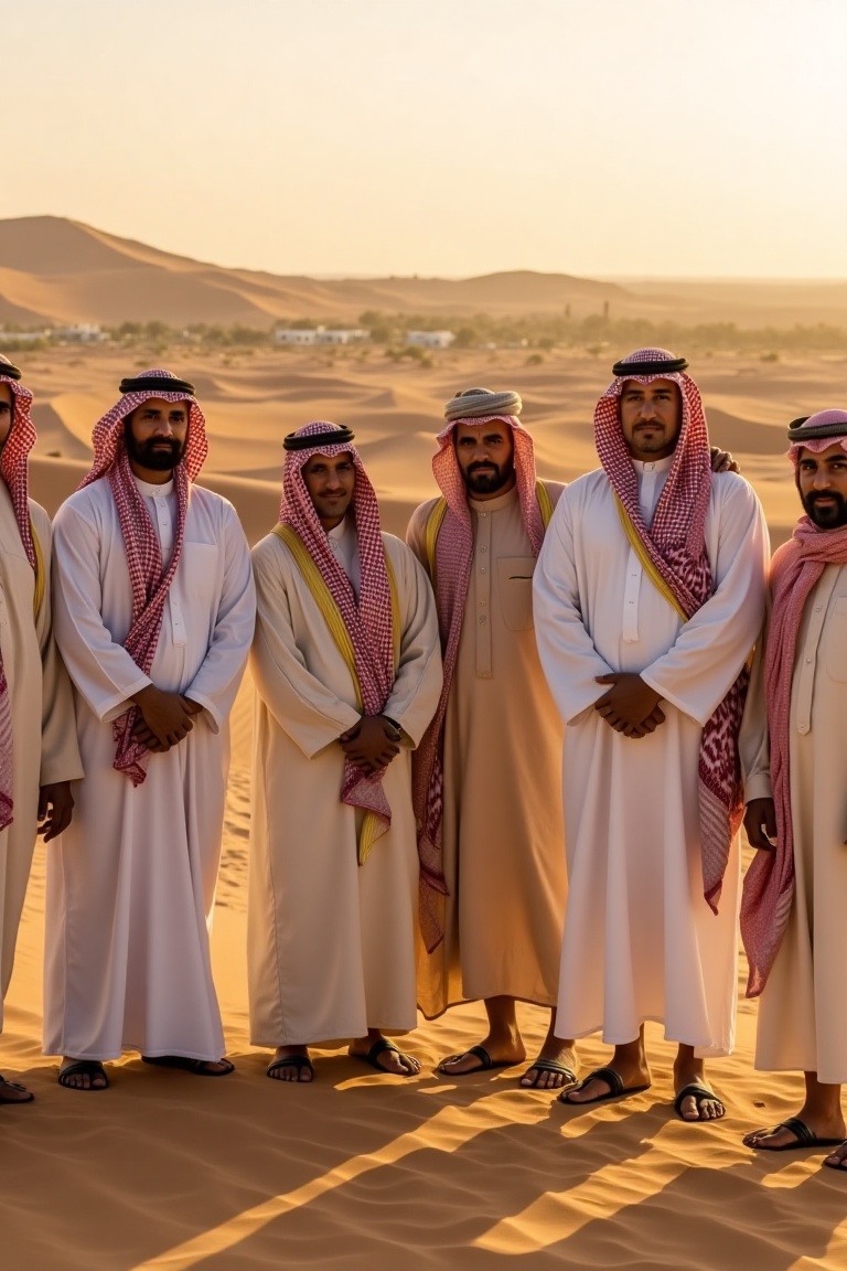 A group of Bedouin men standing together in a desert landscape,  traditional attire with flowing robes and headscarves,  g...