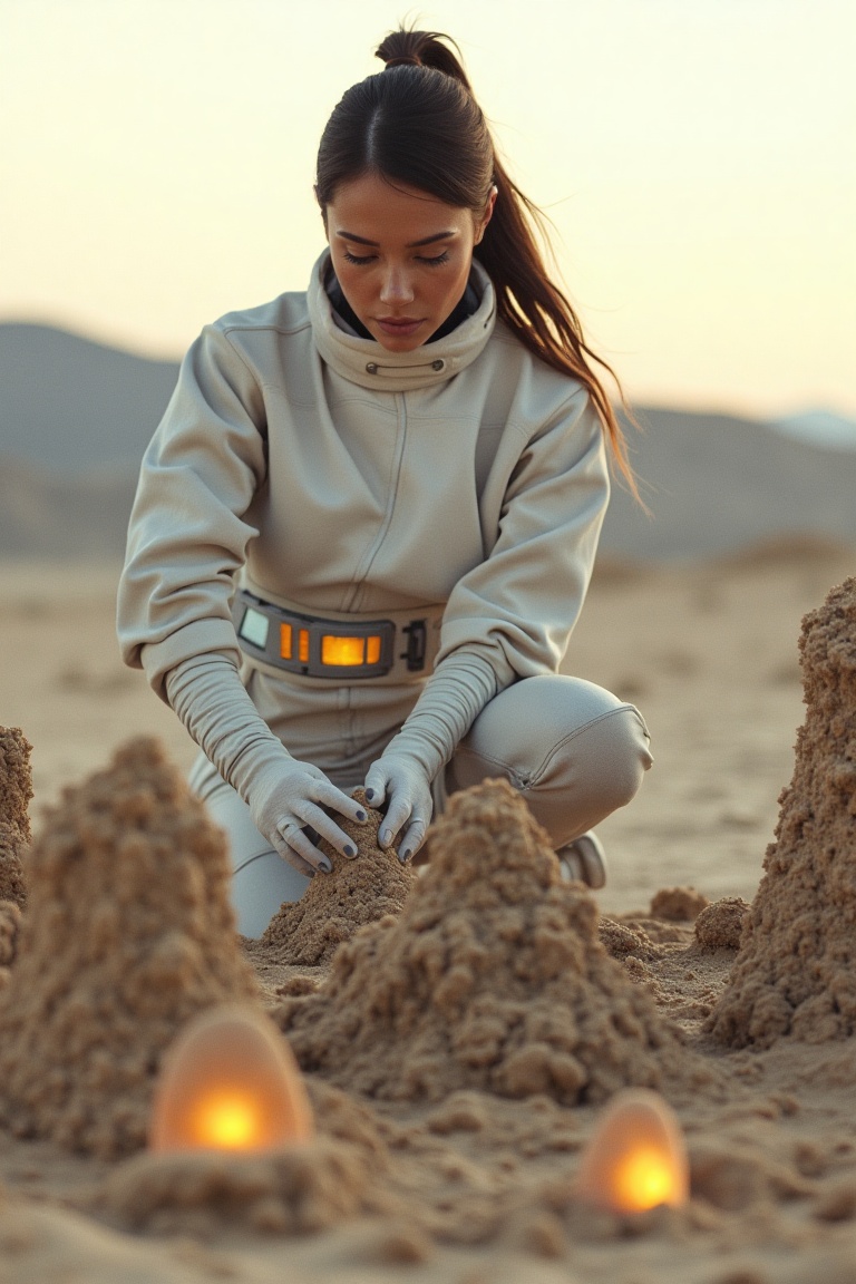 A woman in a futuristic spacesuit,  kneeling on a sandy planet,  building intricate sandcastles with glowing elements on T...