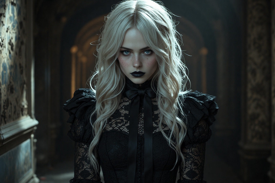 in the style of cksc,  A hauntingly beautiful goth girl stands in a dimly lit room,  her platinum hair cascading like silv...