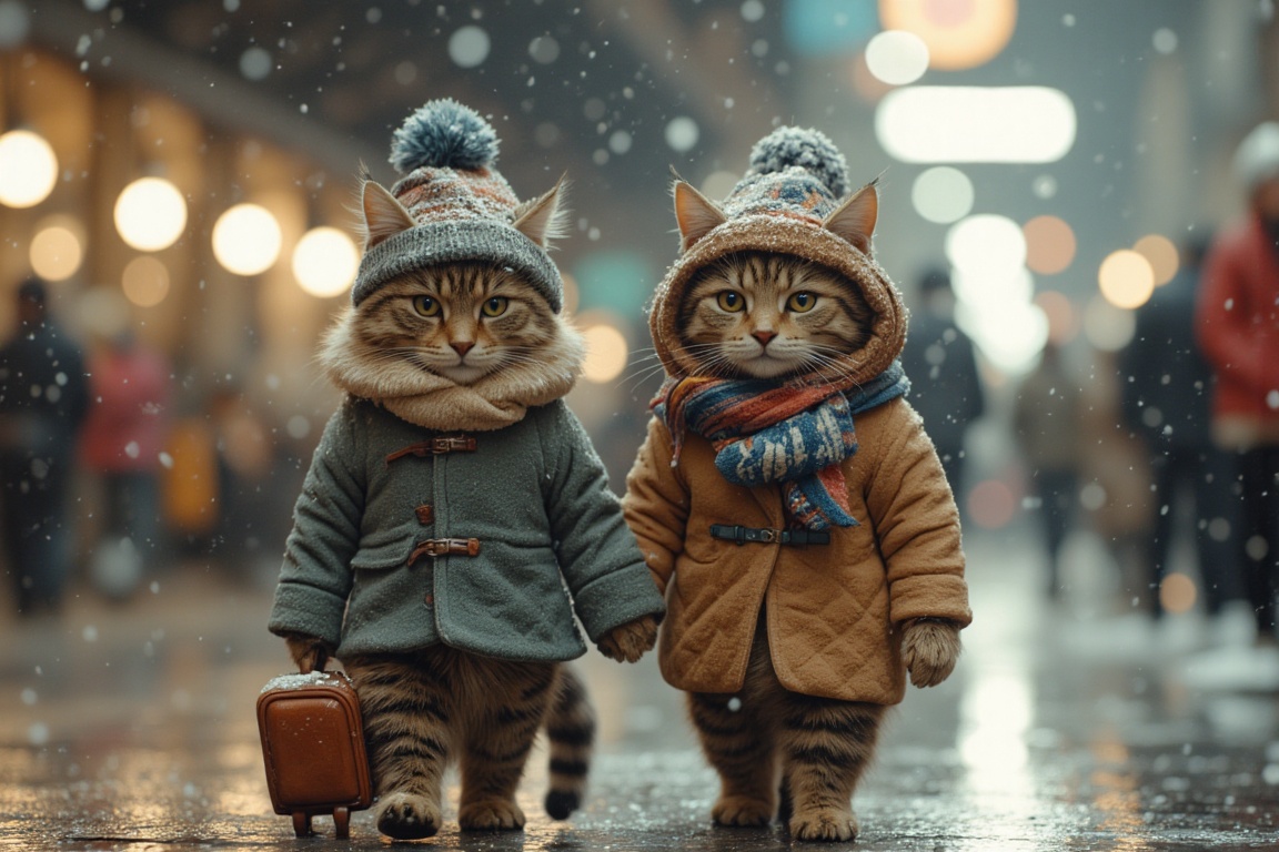 Photorealistic image of two cats standing and walking together at a train station during a snowfall. The cats are dressed...