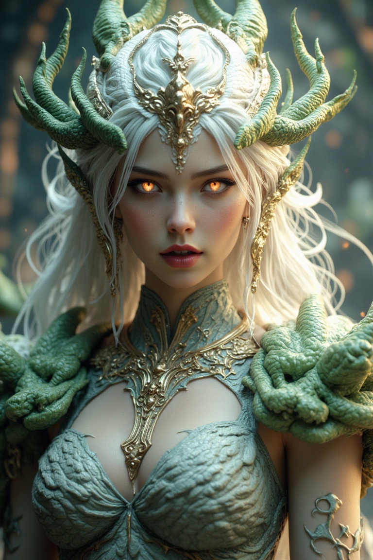 A female godess,  White hair,  green snake-like body on Tensor.Art
