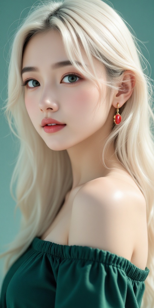 an anime-style illustration of a woman with long,  flowing white hair that cascades over her shoulders she has striking gr...