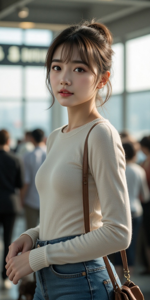 The image features a young Asian woman standing in what appears to be a transit area,  possibly a train or bus station. Sh...