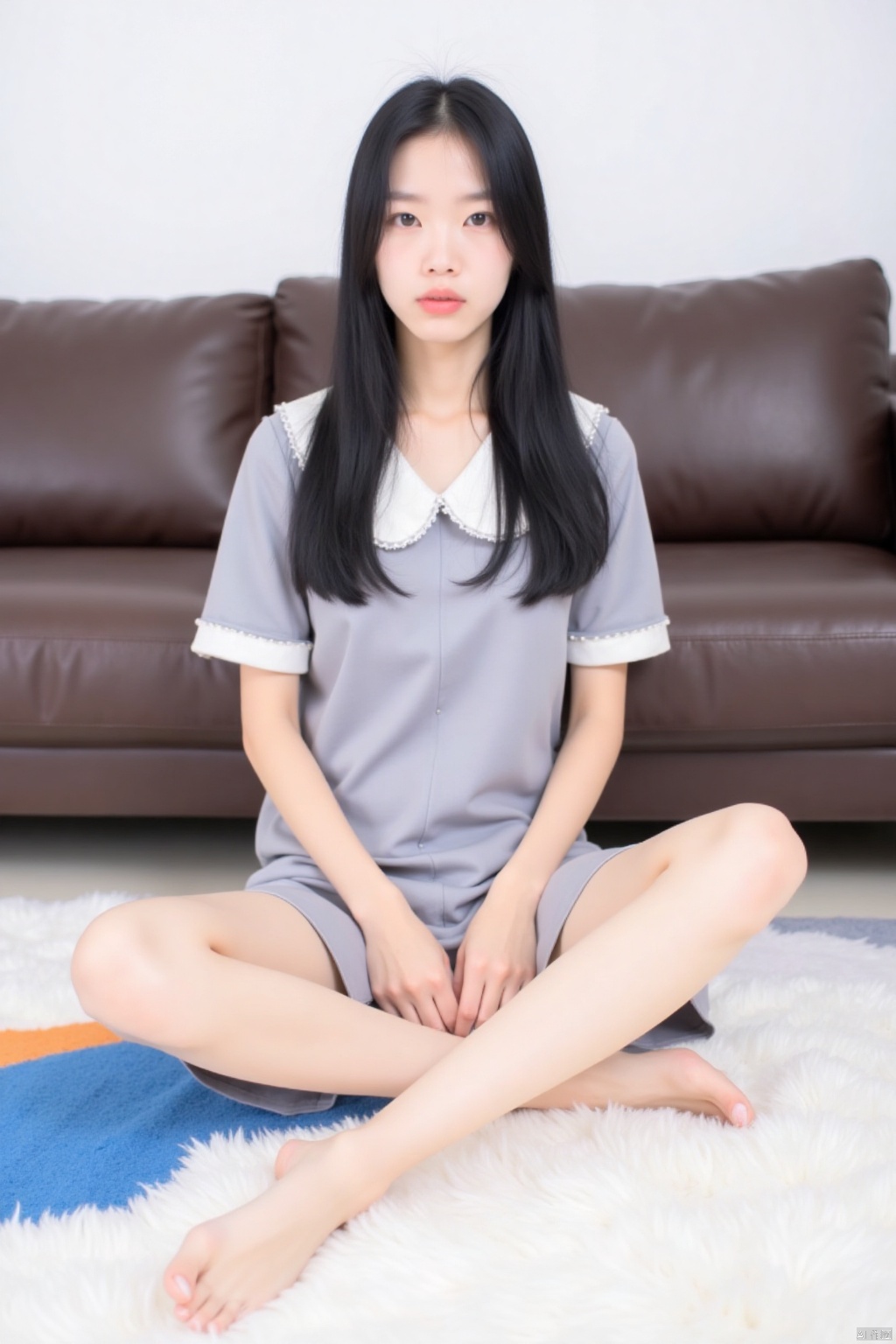 a young Asian woman is seated on a blue and white rug. She is wearing a short-sleeved gray dress with a white collar. Her long black hair is cascading down her shoulders. Her eyes are squinted and her lips are pursed. Her legs are crossed at her sides and her feet are bare. The rug she is sitting on is white, with a blue, white, and orange design on it. Behind her, a brown leather sofa is positioned against a white wall.