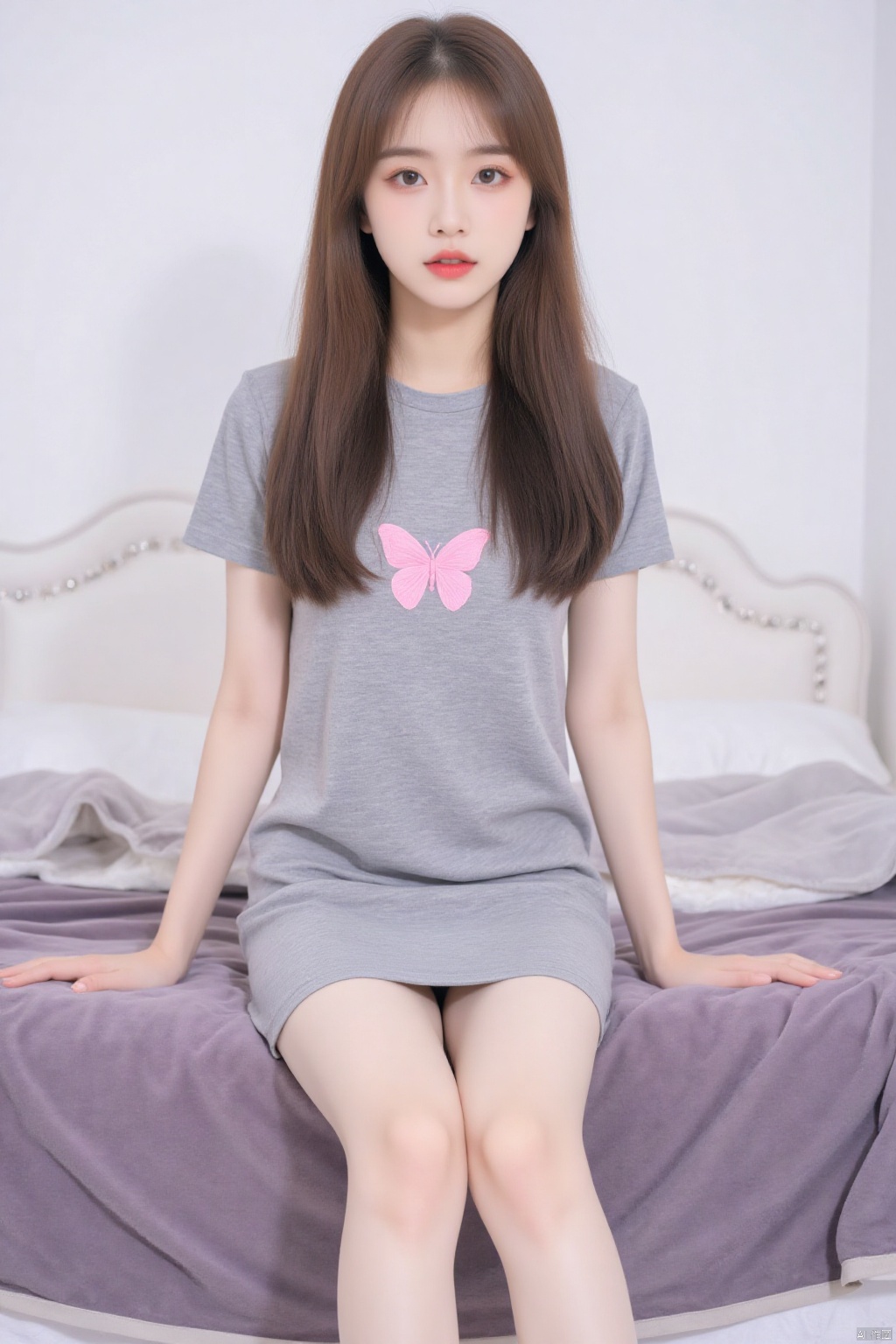 a woman is seated on a bed with her legs crossed. She is dressed in a short sleeved gray dress with a pink butterfly embroidered on the front of the dress. Her hair is long and cascades over her shoulders. Her eyes are squinted and her lips are painted red. Her hands are positioned on either side of her body. The bed is adorned with a purple blanket and a white headboard. The wall behind the bed is painted white.