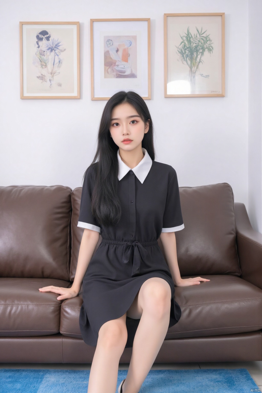a young Asian woman is seated on a brown leather sofa. She is dressed in a short-sleeved black dress with a white collared shirt underneath. Her hair is long and cascades over her shoulders. She has a serious expression on her face, adding a pop of color to the scene. The sofa is set against a white wall, adorned with three abstract paintings. A blue rug is on the floor in front of the sofa.