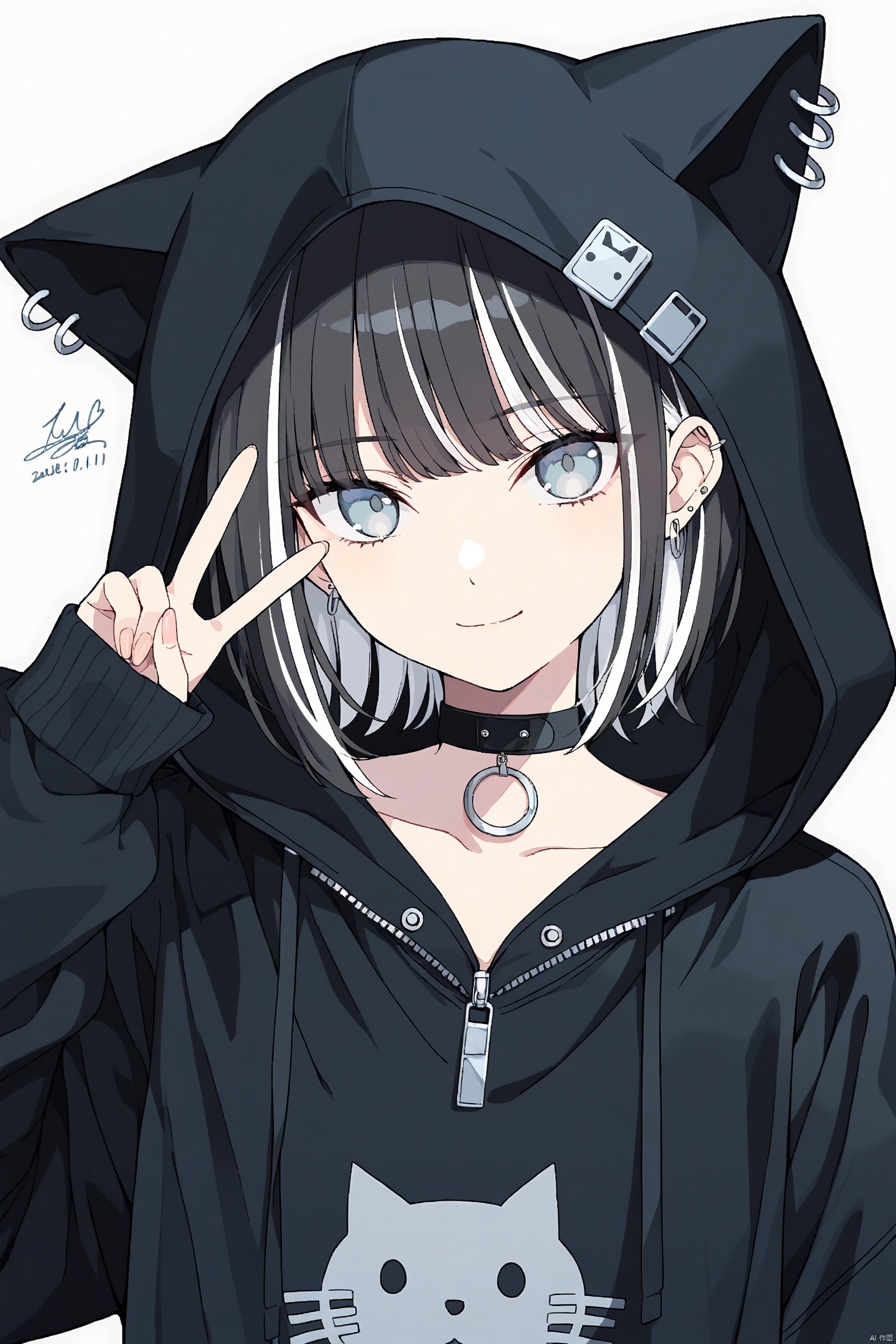 solo, hood, v, grey background, 1girl, black hair, looking at viewer, choker, jewelry, hood up, multicolored hair, earrings, streaked hair, simple background, animal hood, blue eyes, signature, closed mouth, black choker, upper body, hoodie, long sleeves, short hair, dated, cat hood, sleeves past wrists, bangs, zipper, hand up, fingernails, black hoodie, ear piercing, white hair, smile, grey eyes