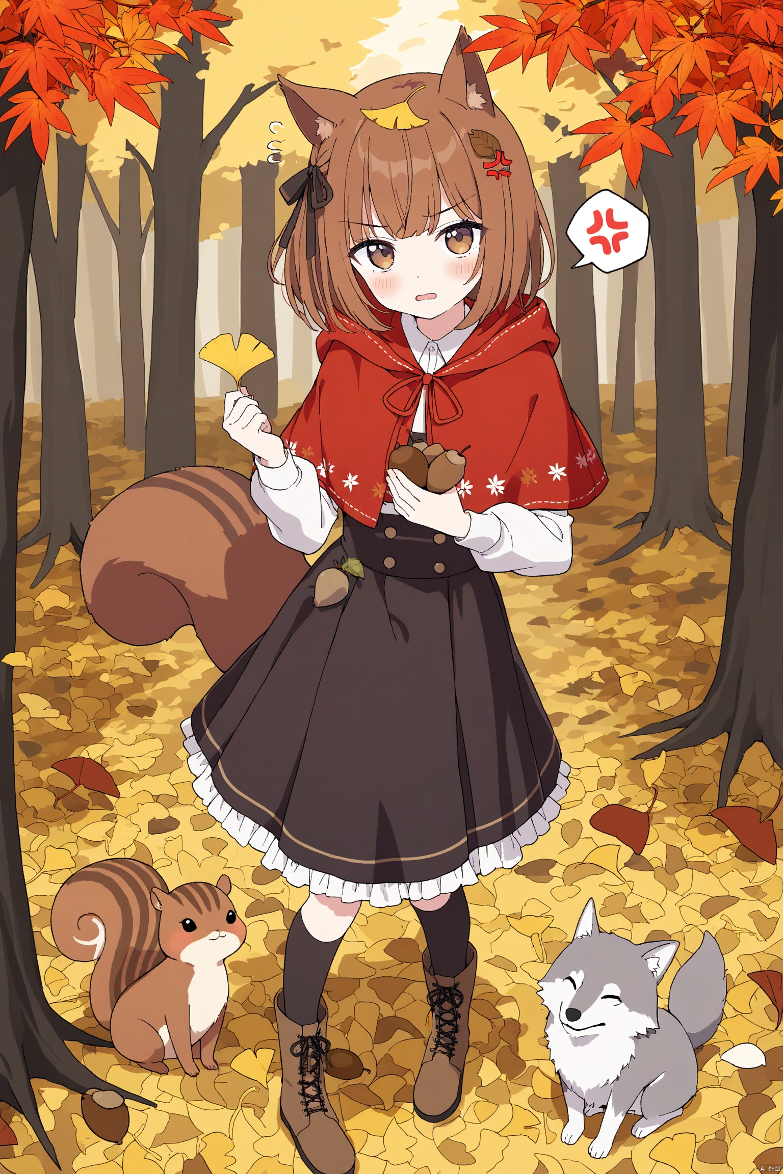 1girl, acorn, anger_vein, animal_ears, autumn, autumn_leaves, bangs, black_legwear, black_skirt, blush, boots, brown_eyes, brown_skirt, capelet, day, eyebrows_visible_through_hair, falling_leaves, forest, frilled_skirt, frills, ginkgo_leaf, hair_ornament, hair_ribbon, holding_leaf, hood, hood_down, hooded_capelet, kneehighs, leaf, leaf_background, leaf_hair_ornament, leaf_on_head, leaf_print, little_red_riding_hood_\(grimm\), long_sleeves, looking_at_viewer, maple_leaf, nature, outdoors, pleated_skirt, red_capelet, ribbon, shirt, shoes, skirt, solo, spoken_anger_vein, squirrel, standing, tail, thighhighs, tree, white_shirt, wolf_ears, wolf_girl, wolf_tail

