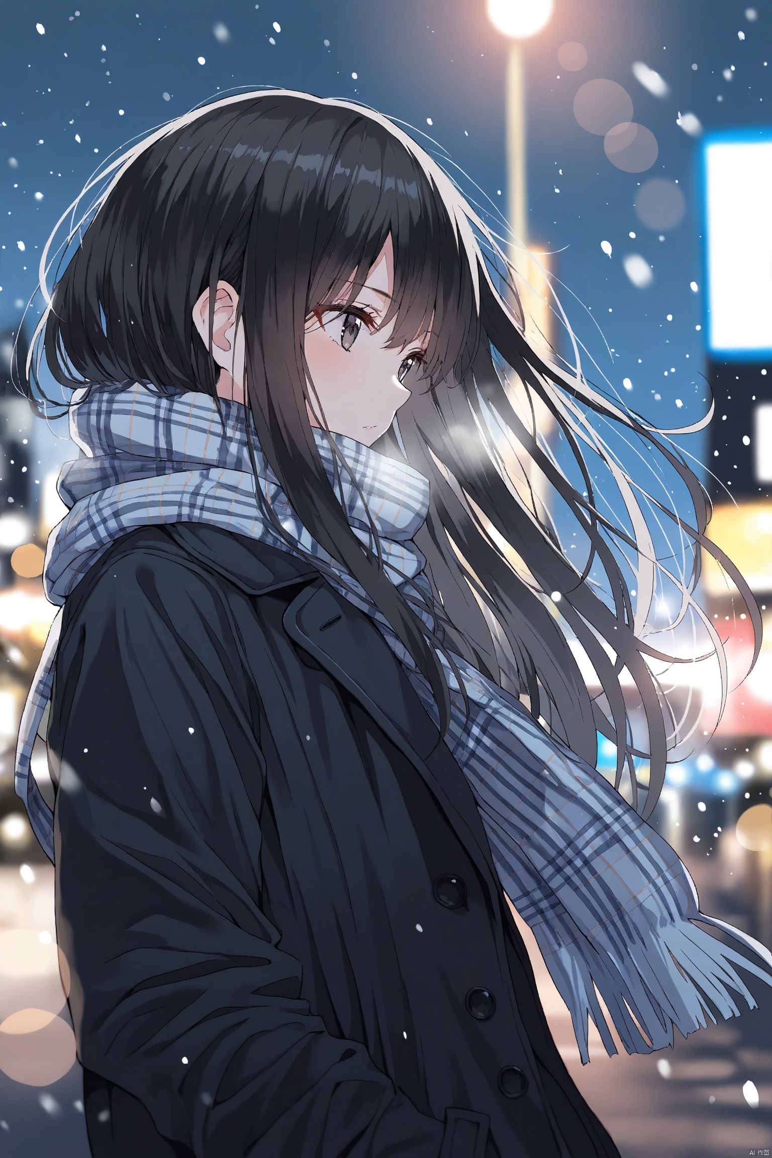 (masterpiece),(best quality),(masterpiece),(best quality),1girl, black_coat, black_hair, blurry, blurry_background, blurry_foreground, bokeh, city_lights, coat, depth_of_field, from_side, jacket, lens_flare, long_hair, long_sleeves, looking_away, motion_blur, outdoors, scarf, snow, snowing, solo, upper_body