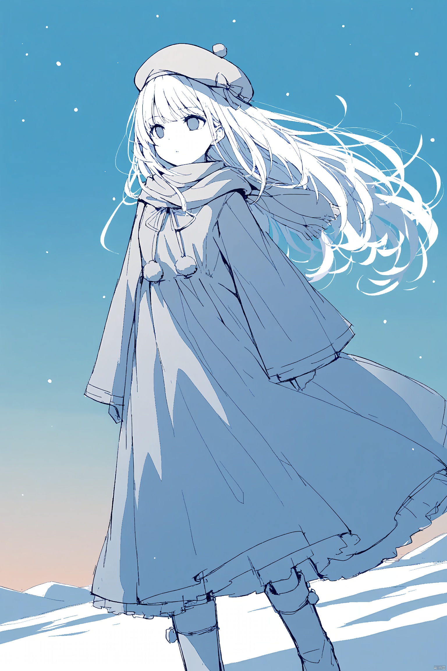 (sketch),solo,1girl,long hair,beret,knee boots,cotton boots,winter,upper body,looking_sky