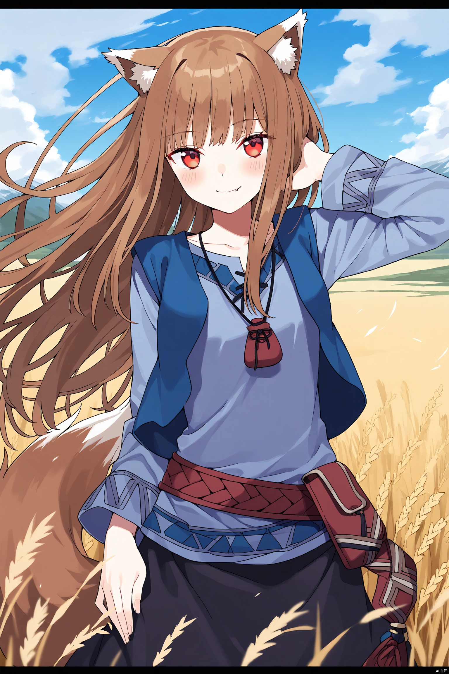 1girl, holo, animal_ears, long_hair, solo, brown_hair, wolf_ears, outdoors, sky, red_eyes, letterboxed, field, wheat, fang, looking_at_viewer, wolf_girl, cloud, day, smile, hand_in_own_hair, vest, blue_sky, shirt, blush, pouch