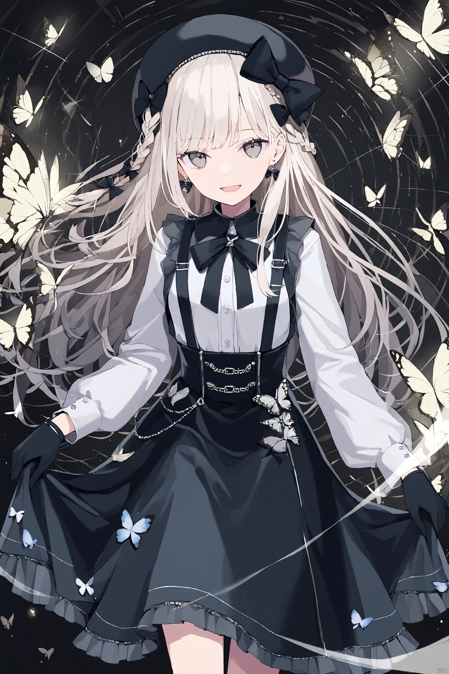 1girl, black_bow, black_skirt, bow, braid, bug, butterfly, earrings, full_body, gloves, hair_bow, hat, jewelry, long_hair, long_sleeves, looking_at_viewer, open_mouth, ribbon, shirt, skirt, smile, solo, standing, suspenders, white_shirt