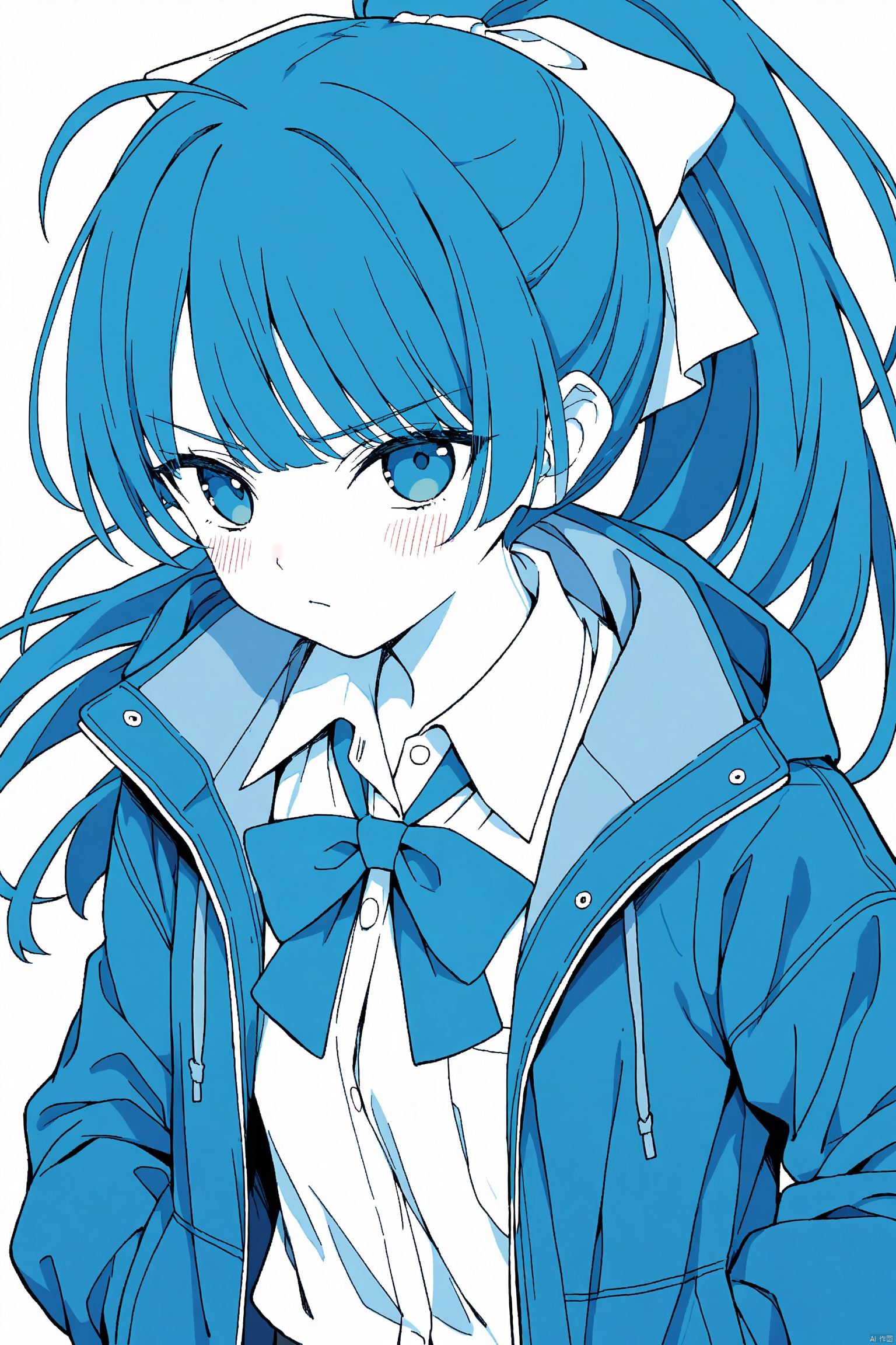 1girl, solo, long hair, looking at viewer, blush, bangs, blue eyes, simple background, shirt, long sleeves, white background, bow, closed mouth, blue hair, jacket, monochrome, upper body, ponytail, ahoge, collared shirt, bowtie, open jacket, v-shaped eyebrows, blue bow, blue jacket, blue theme, hands in pockets