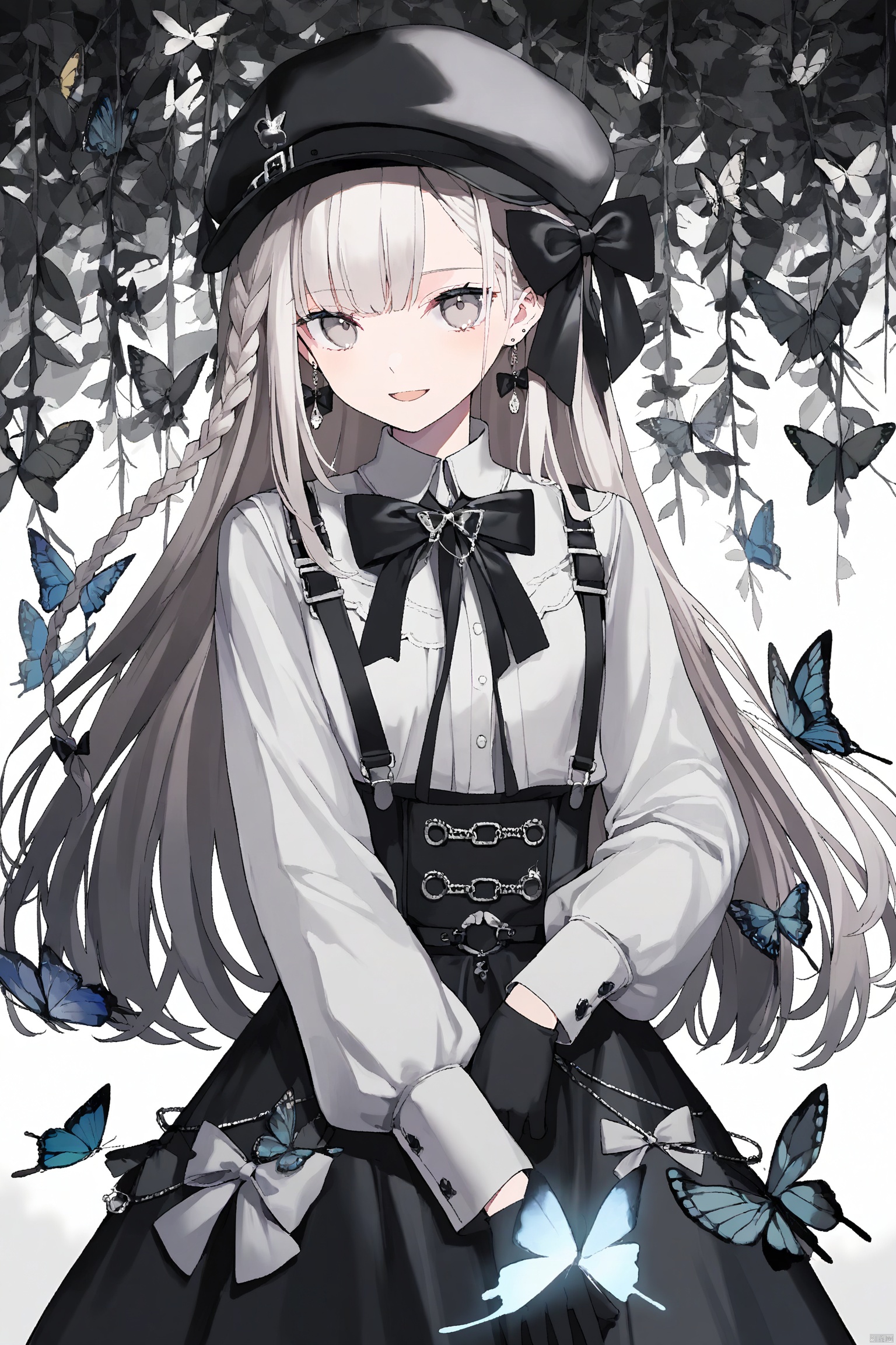 1girl, black_bow, black_skirt, bow, braid, bug, butterfly, earrings, full_body, gloves, hair_bow, hat, jewelry, long_hair, long_sleeves, looking_at_viewer, open_mouth, ribbon, shirt, skirt, smile, solo, standing, suspenders, white_shirt