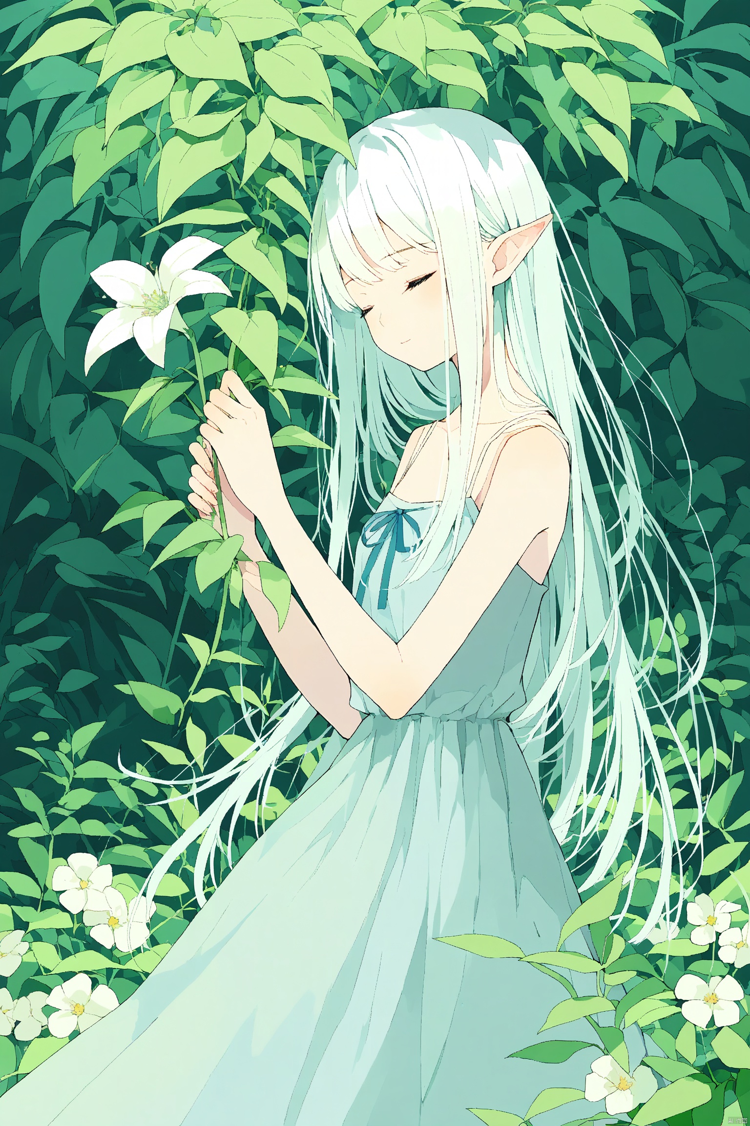1girl, closed_eyes, dress, flower, long_hair, plant, pointy_ears, ribbon,