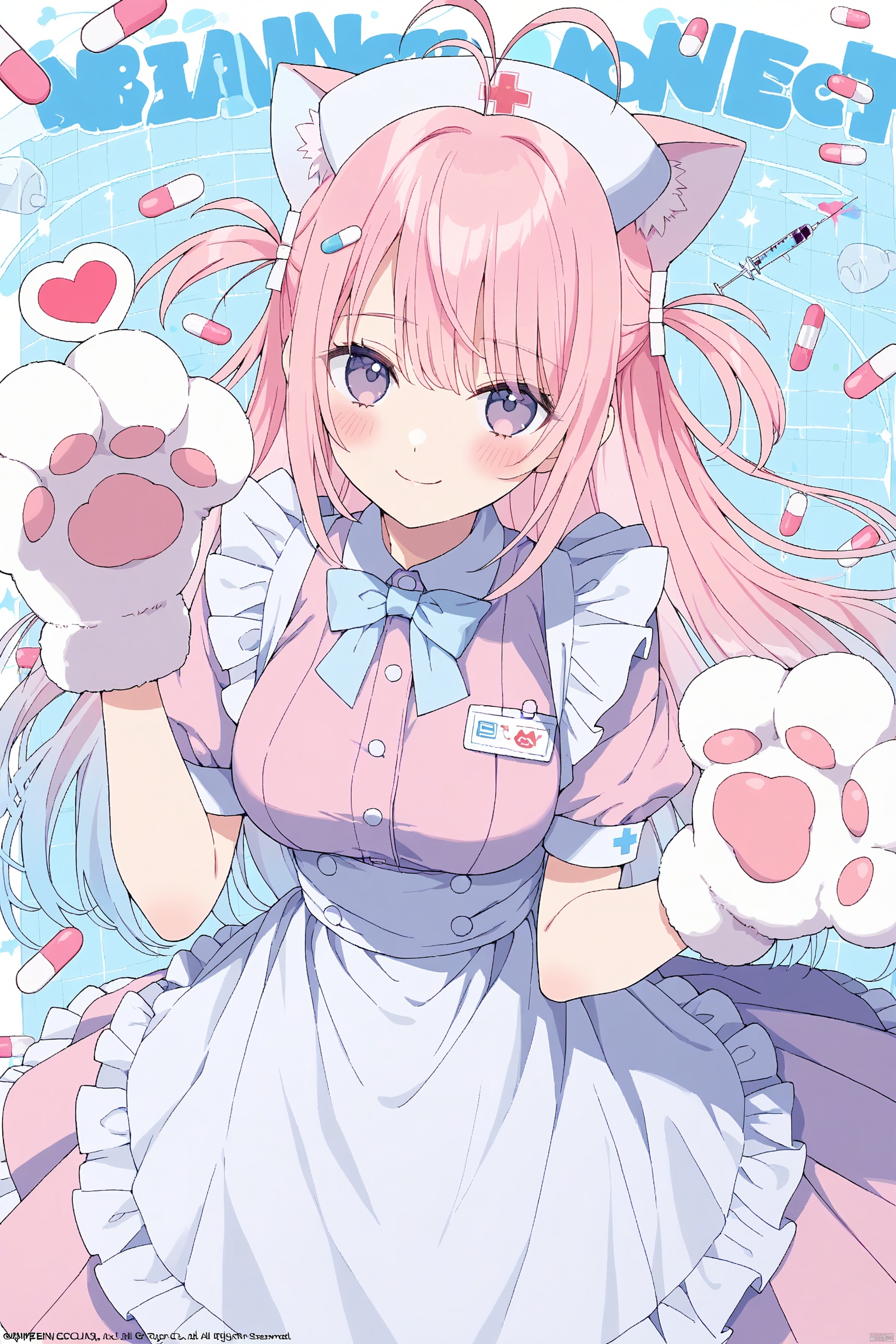 1girl, animal_hands, antenna_hair, apron, blush, bow, bowtie, breasts, closed_mouth, copyright_name, dress, eyebrows_visible_through_hair, frills, gloves, heart, long_hair, looking_at_viewer, multicolored_hair, nurse, paw_gloves, pill, pink_dress, pink_hair, short_sleeves, smile, solo, syringe, two_side_up, waist_apron, white_apron