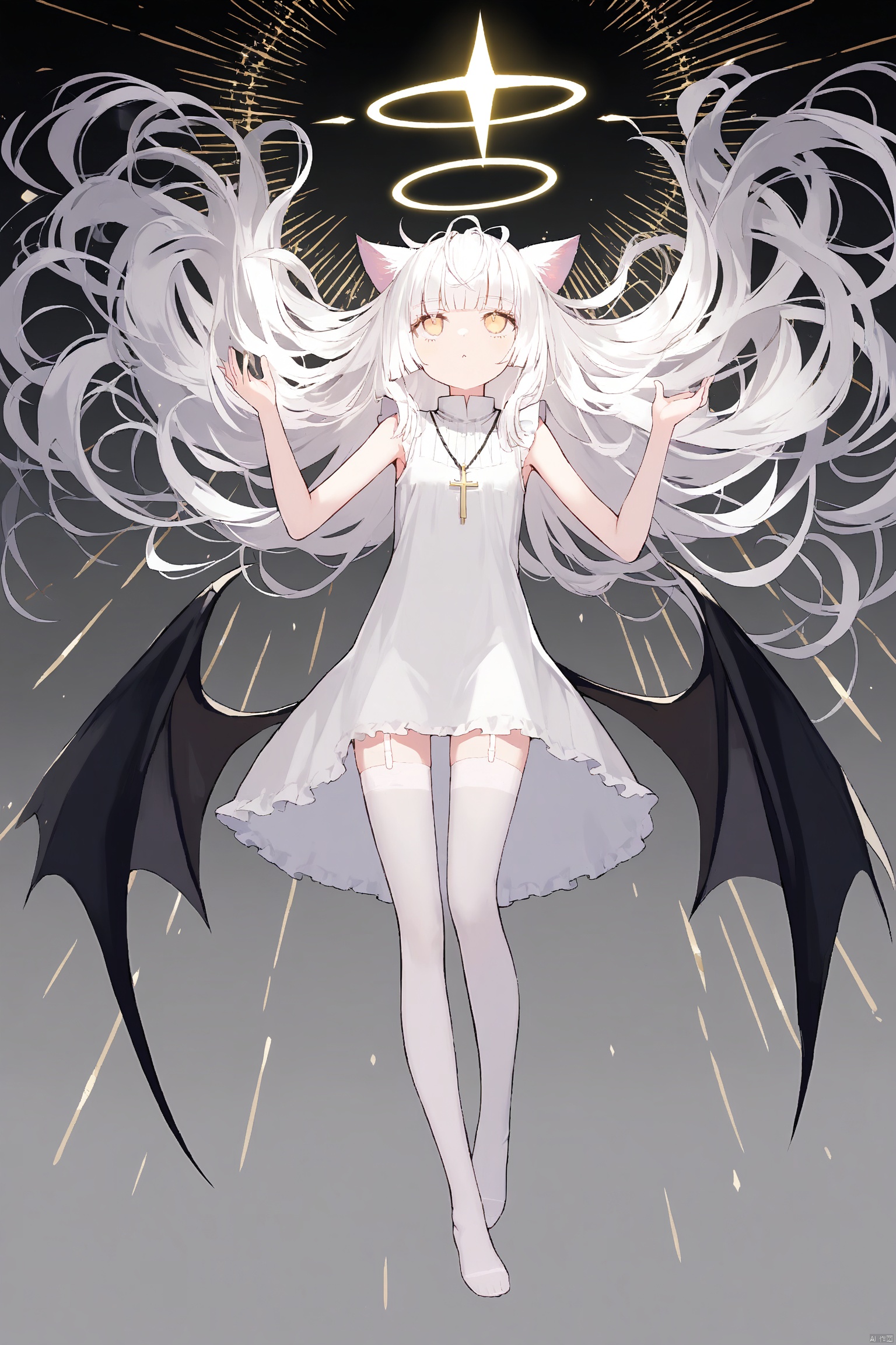 white hair, yellow eyes, looking up, stockings, long hair, hime cut, messy hair, floating hair, demon wings, halo, cross necklace, holy, divinity, shine, holy light, cat girl, (loli), (petite), solo