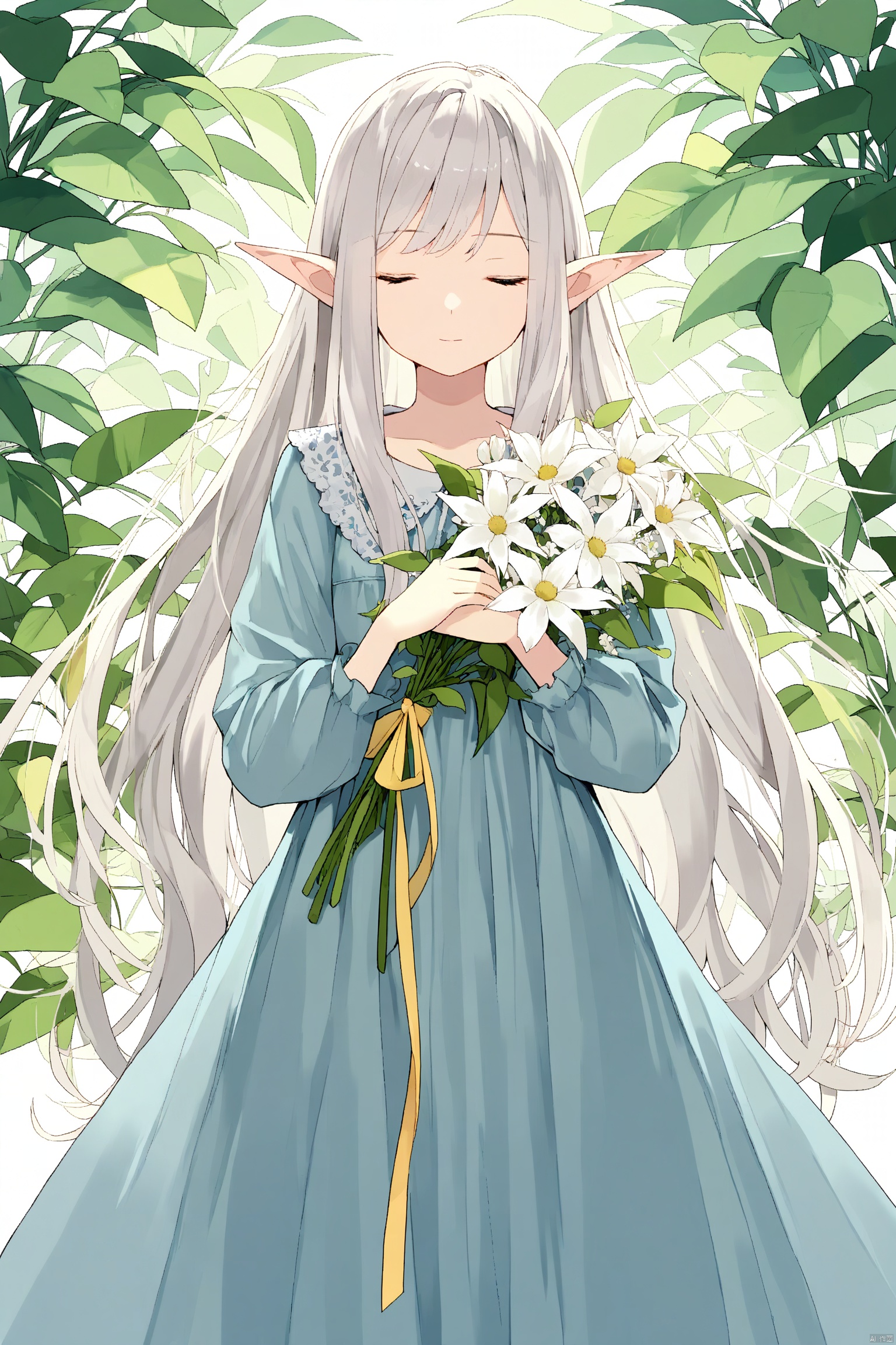 1girl, closed_eyes, dress, flower, long_hair, plant, pointy_ears, ribbon,