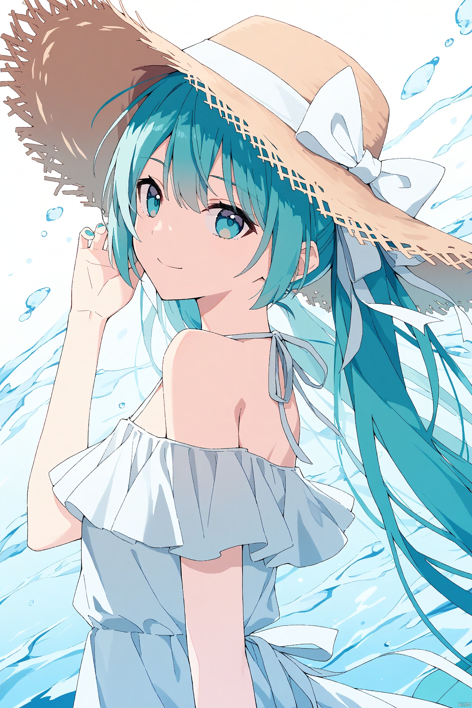 1girl, bangs, bare_shoulders, blue_eyes, brown_headwear, closed_mouth, dress, from_side, hat, hat_bow, hat_ribbon, hatsune_miku, long_hair, looking_at_viewer, off_shoulder, ribbon, smile, solo, straw_hat, sun_hat, very_long_hair, water, white_dress, white_ribbon