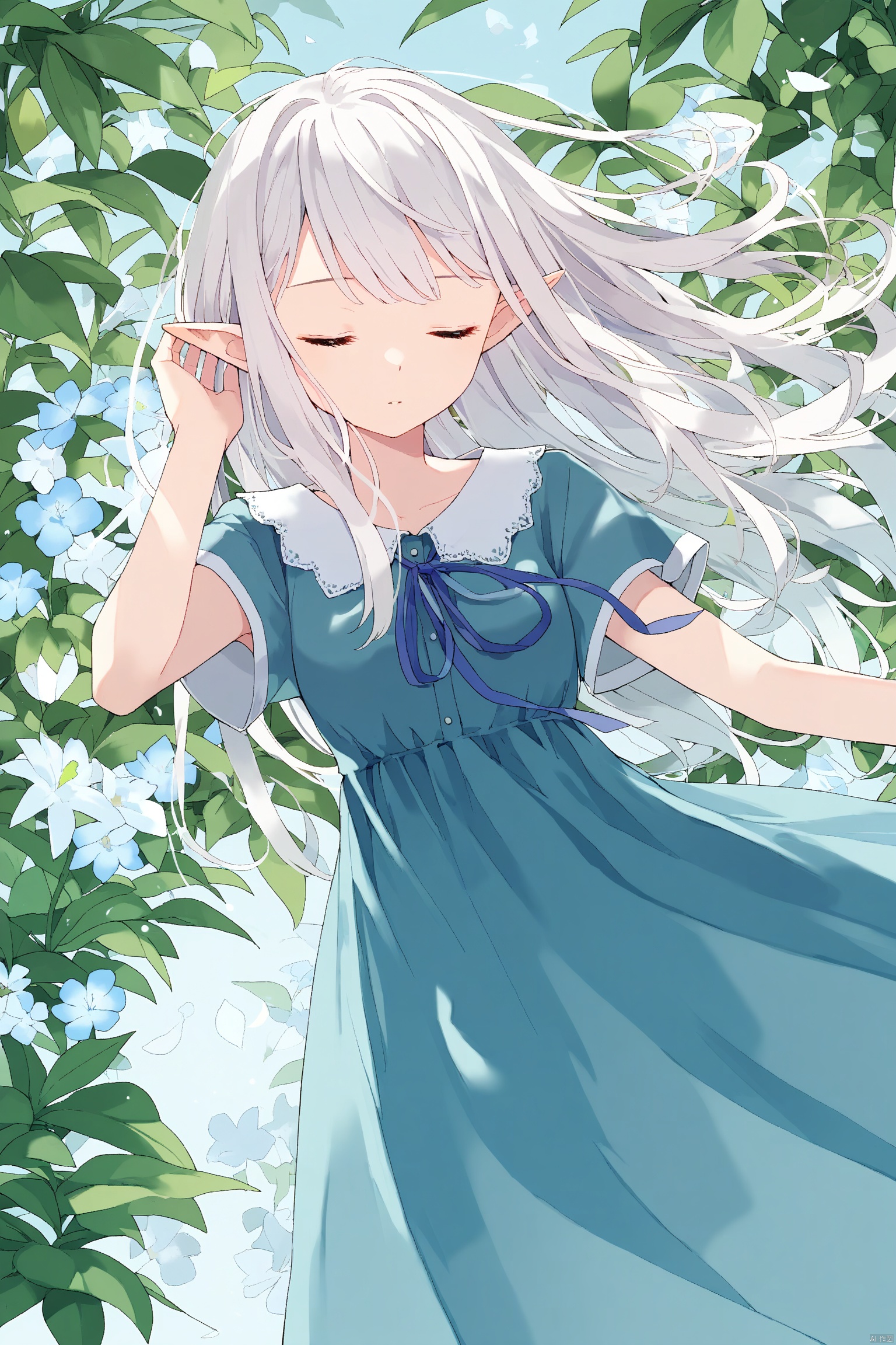 1girl, closed_eyes, dress, flower, long_hair, plant, pointy_ears, ribbon,
