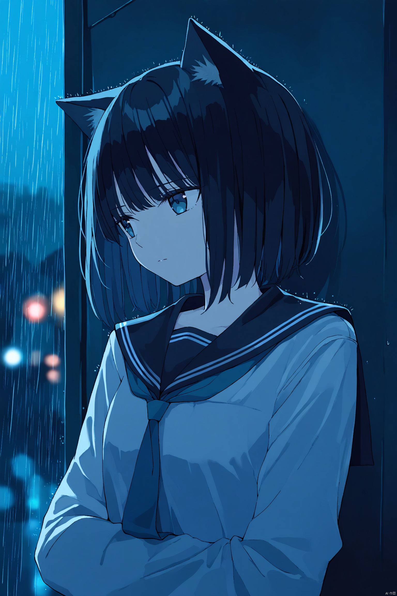 animal_ears, 1girl, black_hair, sailor_collar, solo, short_hair, cat_ears, school_uniform, serafuku, black_sailor_collar, upper_body, rain, shirt, white_shirt, long_sleeves, night, closed_mouth, scenery, bangs
