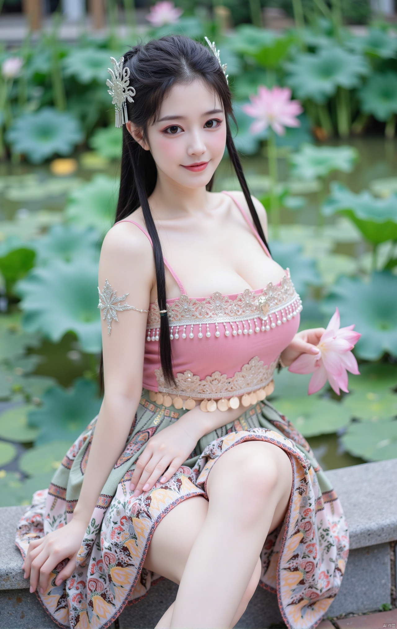  masterpiece,1girl,black hair,(Sitting by the lotus pond in the garden:1.3),(hanfu dress:1.3),black eyes,beautiful face,short sleeves,holding flower,looking at viewer,(huge breasts:2.79),(full breasts:1.99),Xzhaoliner,Xyaoxi,Xsulingyun,XyunluoX,Xhenrendadi,Xlannuo,Xlongnv,Xruoshui,XyunluoH,Xyuzimo,Xliuyue,Xlimuwanx,Xhongdie,Xyanqingcheng,Xqinghe,XyunxiX,XshengcaierX,Xdacishuwang,Xzhukeer,Xqinghanfu,Xyupopo