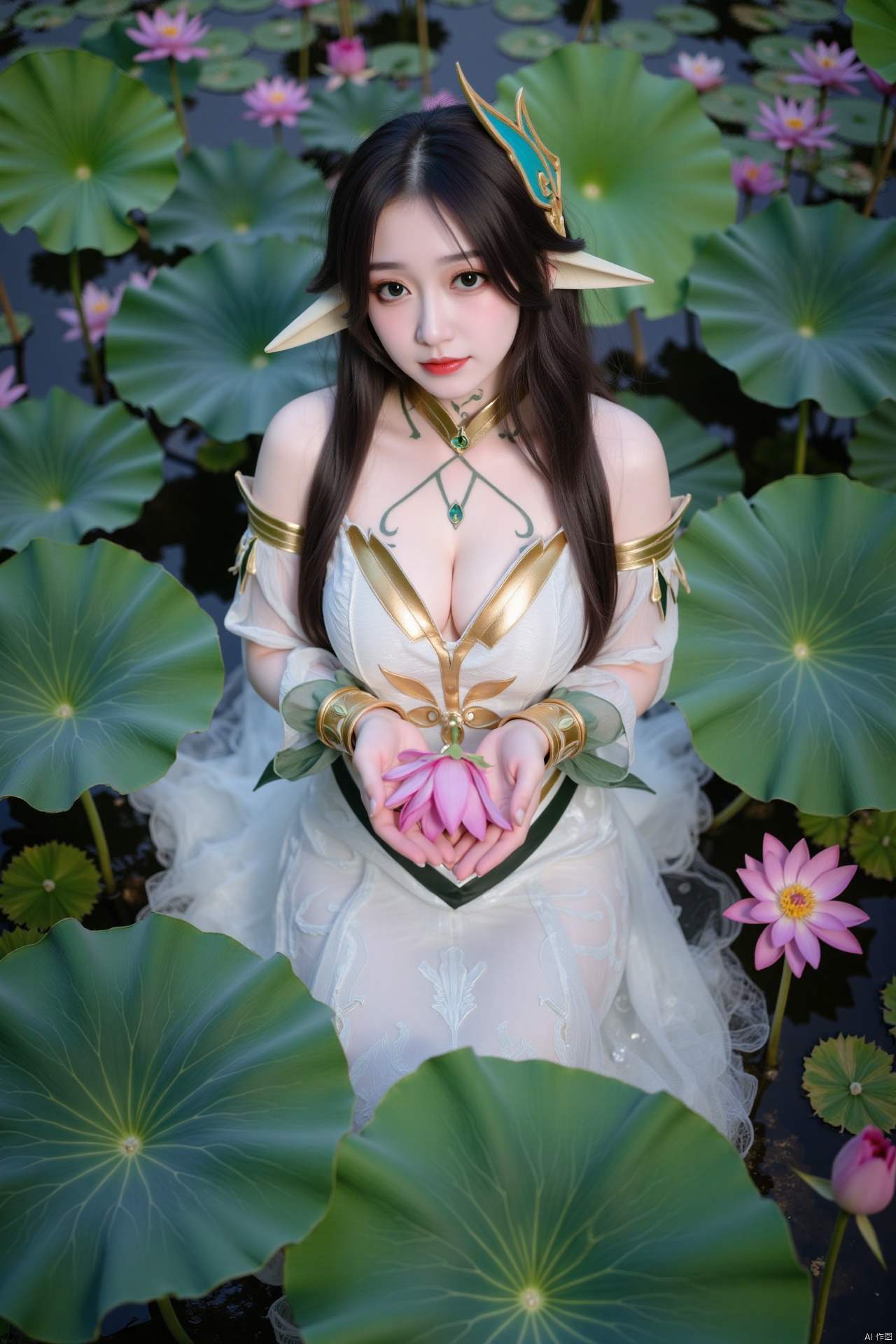 masterpiece,(best quality),official art, (1girl), (solo), ((looking_at_viewer)),(huge breasts:2.69),(full breasts:1.99),Xzhaoliner,(Lotus pond, lotus:1.52)
,Xyunxi,XyunxiX,XshengcaierX,Xzhukeer,Xdacishuwang,Xhehuahanfu