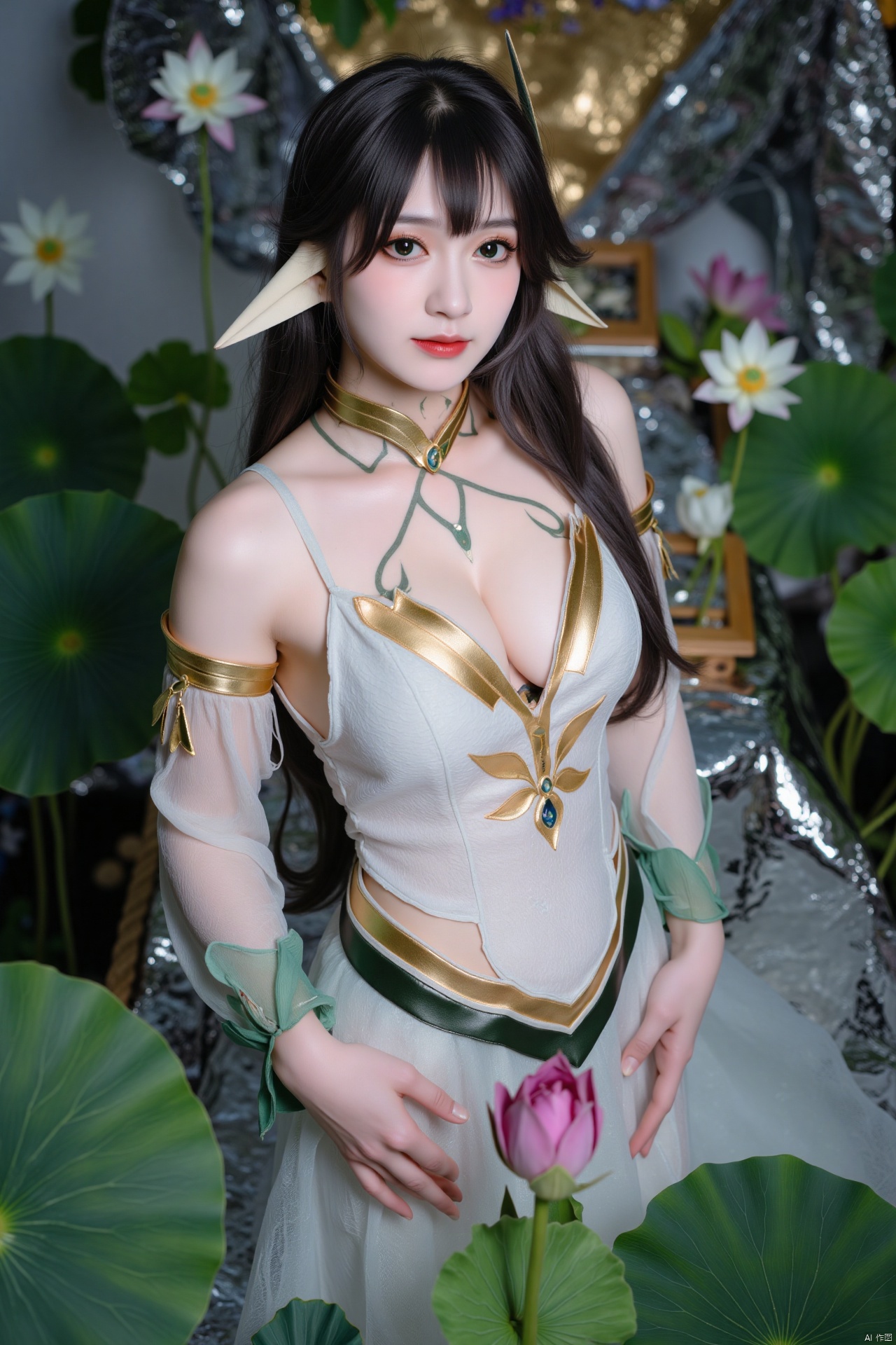 masterpiece,(best quality),official art, (1girl), (solo), ((looking_at_viewer)),(huge breasts:2.69),(full breasts:1.99),Xzhaoliner,(Lotus pond, lotus:1.52)
,Xyunxi,XyunxiX,XshengcaierX,Xzhukeer,Xdacishuwang,Xhehuahanfu