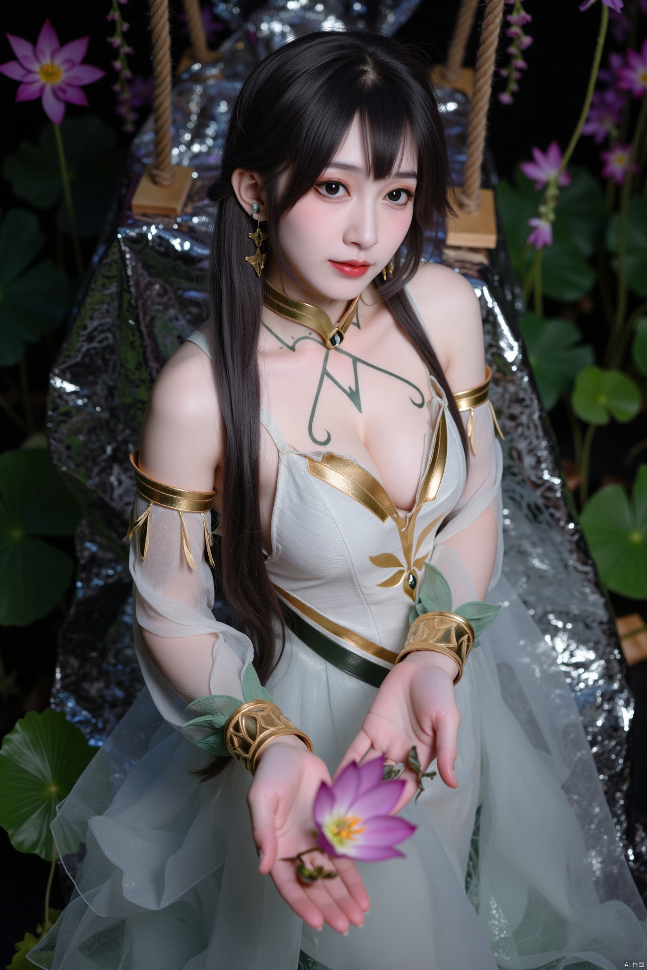 masterpiece,(best quality),official art, (1girl), (solo), ((looking_at_viewer)),(huge breasts:2.69),(full breasts:1.99),Xzhaoliner,(Lotus pond, lotus:1.52)
,Xyunxi,XyunxiX,XshengcaierX,Xzhukeer,Xdacishuwang,Xhehuahanfu