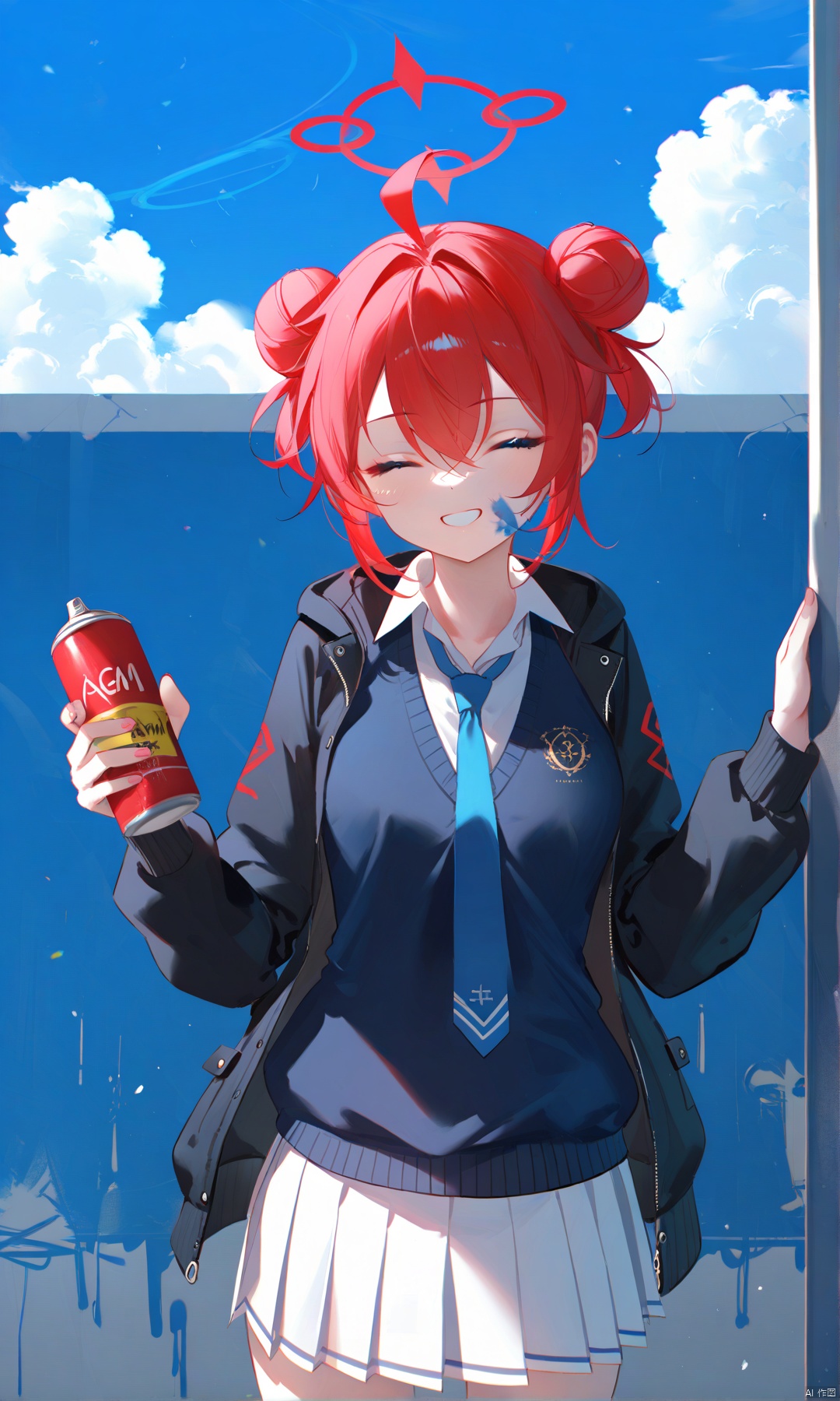 masterpiece,best quality,high quality,(colorful),[Artist miwano rag],[Artist toosaka asagi],[Artist wlop],[Artist chen bin],Artist omone hokoma agm, 1girl, solo, smile, short hair, bangs, skirt, shirt, holding, hair between eyes, school uniform, jacket, closed eyes, ahoge, red hair, pleated skirt, outdoors, necktie, sky, day, cloud, hair bun, grin, blue sky, double bun, halo, white skirt, blue sweater vest, blue necktie, paint splatter, paint, graffiti, spray can, paint splatter on face,makiBA