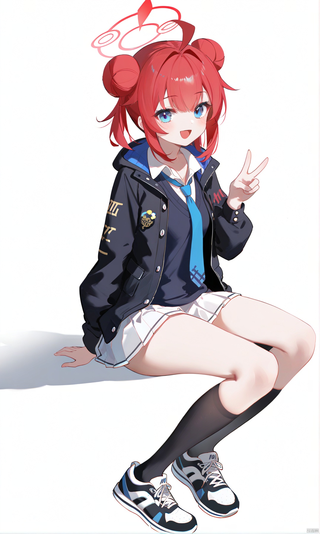 masterpiece,best quality,high quality,(colorful),[Artist miwano rag],[Artist toosaka asagi],[Artist wlop],[Artist chen bin],Artist omone hokoma agm, 1girl, solo, looking at viewer, smile, open mouth, bangs, blue eyes, skirt, simple background, long sleeves, white background, sitting, jacket, full body, ahoge, :d, sidelocks, red hair, pleated skirt, necktie, shoes, socks, hair bun, star \(symbol\), open jacket, v, double bun, halo, white skirt, black socks, sneakers, sweater vest, blue necktie, smiley face,makiBA, maki \(blue archive\)