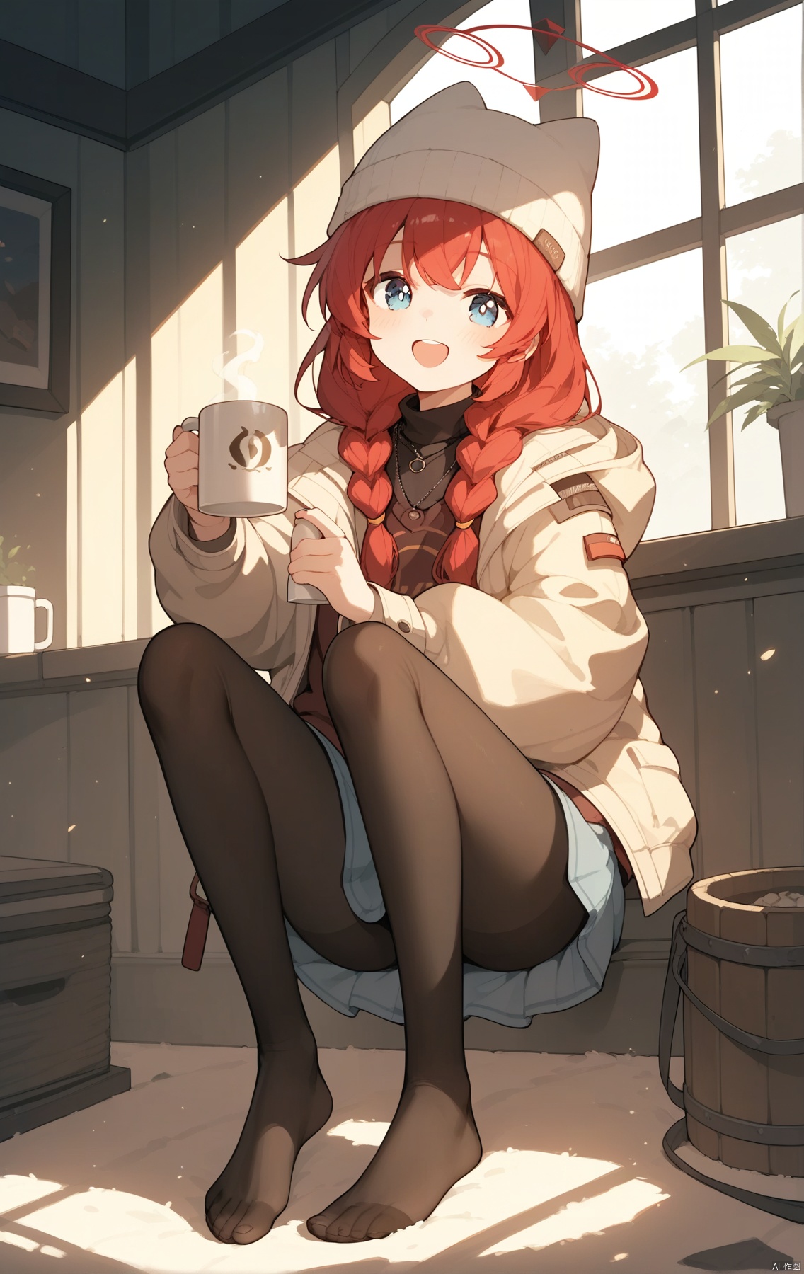 (score_9,score_8_up,score_7_up), (masterpiece),( beautiful),(high quality),(finely detailed),extremely detailed CG unity 8k wallpaper,best quality,1girl, solo, long hair, looking at viewer, blush, smile, open mouth, bangs, blue eyes, skirt, shirt, long sleeves, hat, holding, hair between eyes, sitting, jacket, full body, braid, :d, pantyhose, red hair, open clothes, indoors, hood, twin braids, feet, open jacket, cup, black pantyhose, black shirt, halo, no shoes, holding cup, mug, on floor, beanie,makiBA