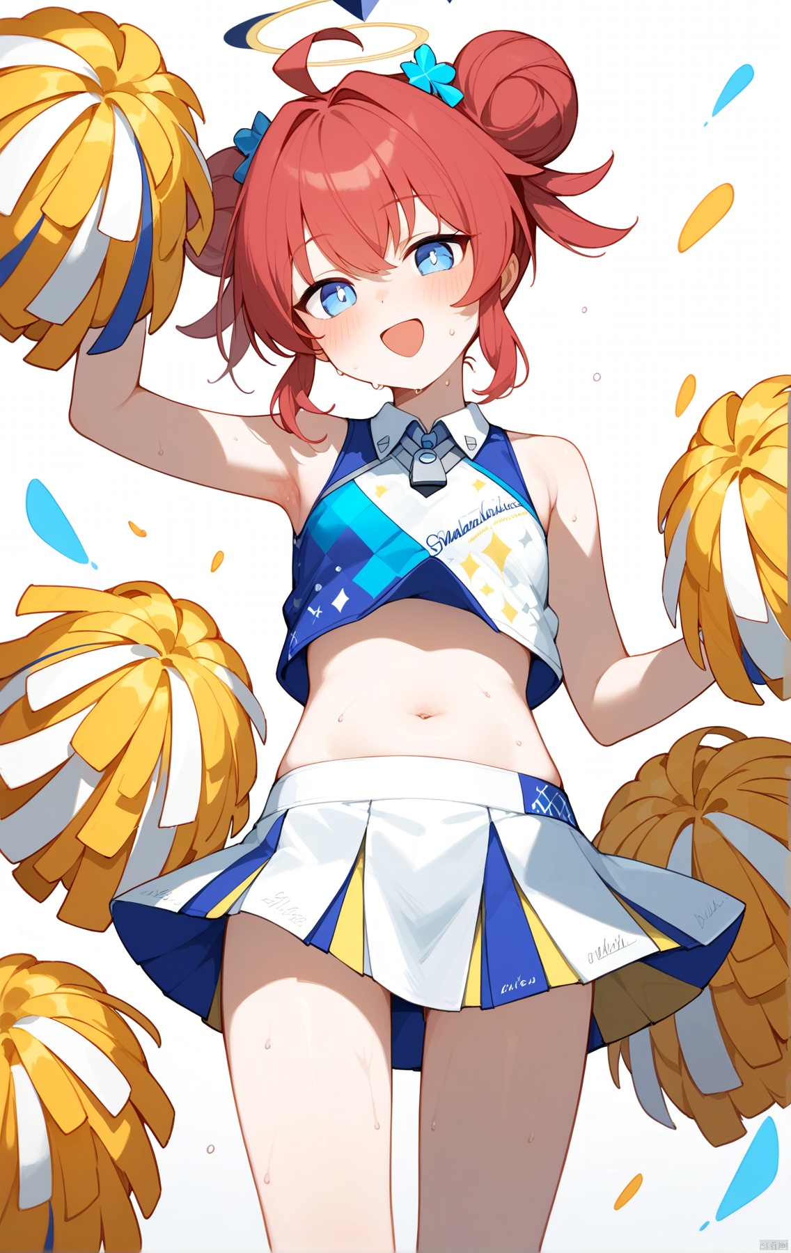 (score_9,score_8_up,score_7_up), (masterpiece),( beautiful),(high quality),(finely detailed),extremely detailed CG unity 8k wallpaper,best quality,1girl, solo, looking at viewer, blush, smile, short hair, open mouth, bangs, blue eyes, skirt, simple background, white background, navel, holding, hair between eyes, bare shoulders, ahoge, sidelocks, red hair, sweat, pleated skirt, alternate costume, midriff, stomach, hair bun, cosplay, double bun, halo, white skirt, cheerleader, pom pom \(cheerleading\), holding pom poms, hibiki \(blue archive\), hibiki \(cheerleader\) \(blue archive\),makiBA
