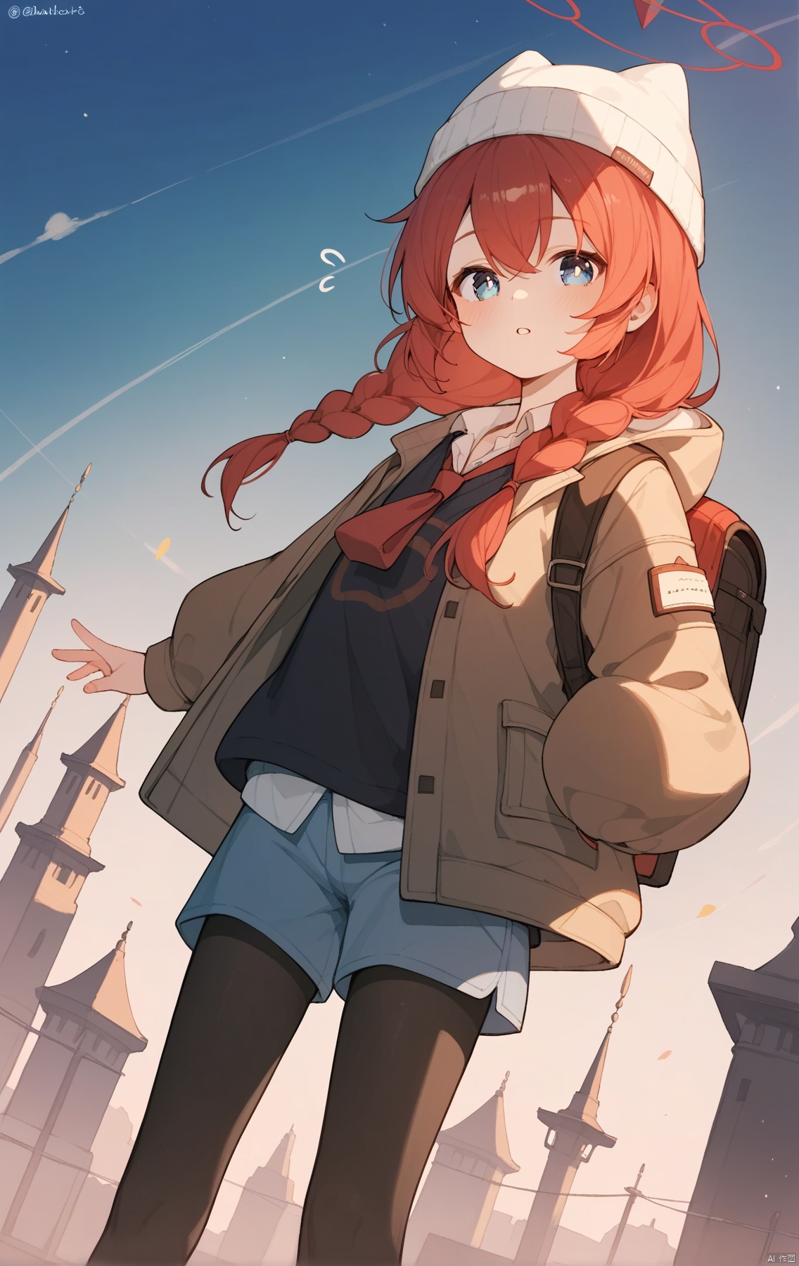 (score_9,score_8_up,score_7_up), (masterpiece),( beautiful),(high quality),(finely detailed),extremely detailed CG unity 8k wallpaper,best quality,1girl, solo, long hair, looking at viewer, blush, bangs, blue eyes, shirt, long sleeves, hat, hair between eyes, jacket, braid, pantyhose, red hair, outdoors, parted lips, open clothes, necktie, shorts, puffy sleeves, collared shirt, bag, twitter username, twin braids, open jacket, black pantyhose, black shirt, short shorts, white headwear, halo, backpack, red necktie, puffy long sleeves, blue shorts, brown jacket, beanie, notice lines, legwear under shorts,makiBA