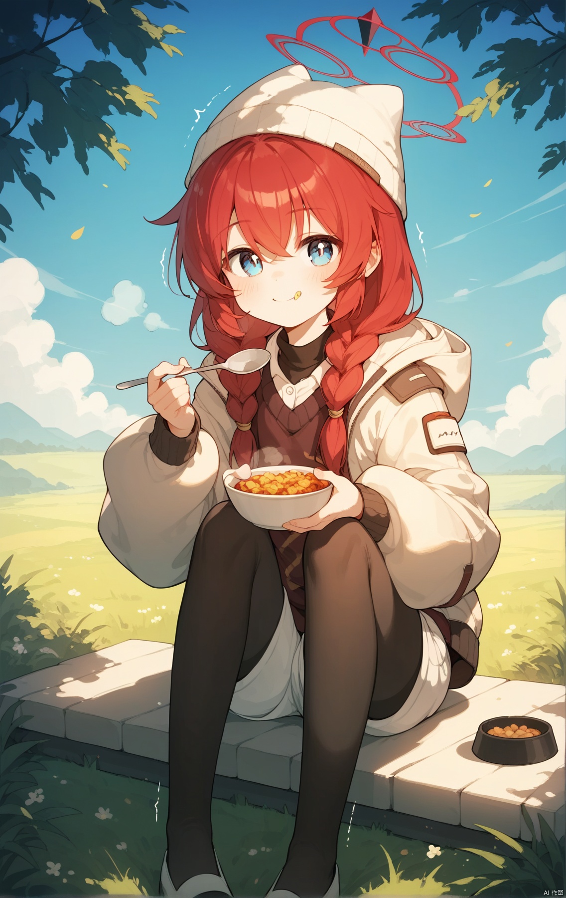 (score_9,score_8_up,score_7_up), (masterpiece),( beautiful),(high quality),(finely detailed),extremely detailed CG unity 8k wallpaper,best quality,1girl, solo, long hair, looking at viewer, blush, smile, bangs, blue eyes, shirt, long sleeves, hat, holding, hair between eyes, sitting, closed mouth, jacket, braid, pantyhose, red hair, outdoors, food, open clothes, shorts, puffy sleeves, hood, twin braids, sweater, black pantyhose, short shorts, feet out of frame, fake animal ears, halo, eating, trembling, grass, steam, puffy long sleeves, bowl, + +, white shorts, spoon, legwear under shorts, holding spoon,makiBA