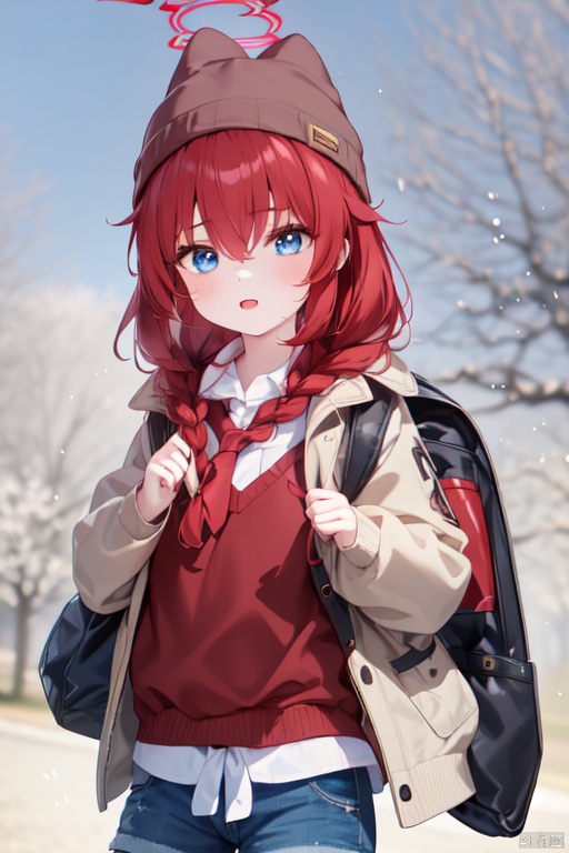 nai3, 1girl,solo,(masterpiece:1.3),( beautiful:1.2),(high quality:1.2),(finely detailed:1.2),extremely detailed CG unity 8k wallpaper,best quality,a very delicate and beautiful,perfect fingers,(one cute girl at the center:1.2), 
1girl, solo, long hair, looking at viewer, blush, bangs, blue eyes, shirt, long sleeves, yellow hat, red sweater,hair between eyes, jacket, braid, pantyhose, red hair, outdoors, parted lips, open clothes, necktie, shorts, puffy sleeves, collared shirt, bag,  twin braids, open jacket, black pantyhose, black shirt, short shorts, white headwear, halo, backpack, red necktie, puffy long sleeves, blue shorts, yellow jacket, beanie, notice lines, legwear under shorts,makiBA, maki \(blue archive\)