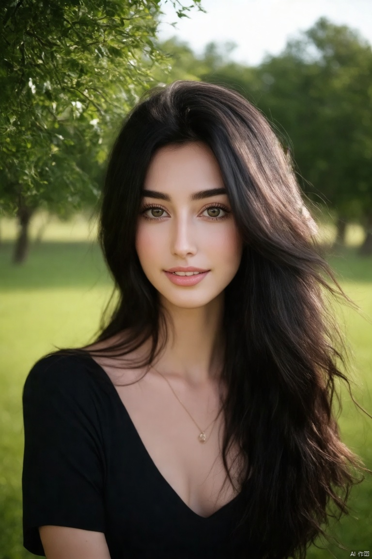 (best quality,4k,8k,highres,masterpiece:1.2),ultra-detailed,(realistic,photorealistic,photo-realistic:1.37),long wavy dark hair,black top,outdoor setting,natural lighting,daytime,beautiful detailed eyes,beautiful detailed lips,extremely detailed eyes and face,long eyelashes,serene expression,standing pose,slight smile,green grass background,trees in the distance,soft shadows,gentle breeze,flowing hair,relaxed atmosphere,soft sunlight,calm and peaceful,photography,realistic colors,clear sky,shallow depth of field,vivid colors,bokeh,dynamic range,HDR