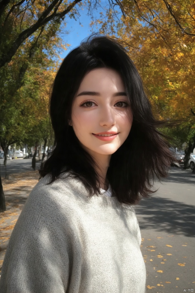 (person in sweater,dark hair,wind blowing,clear blue sky,best quality,4k,8k,highres,masterpiece:1.2),ultra-detailed,(realistic,photorealistic,photo-realistic:1.37),beautiful detailed eyes,beautiful detailed lips,extremely detailed eyes and face,long eyelashes,profile view,smiling,relaxed pose,autumn scenery,trees swaying,leaves falling,soft shadows,cozy atmosphere,calm and serene,gentle breeze,bluish tones,harmonious colors,natural lighting,soft sunlight,shimmering light,peaceful scene,hyper-realistic portrait,modern photography,sharp focus,physically-based rendering,extreme detail description,vivid colors,bokeh