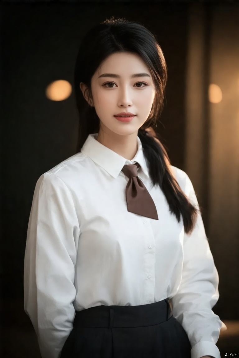 (best quality,4k,8k,highres,masterpiece:1.2),ultra-detailed,(realistic,photorealistic,photo-realistic:1.37),white long-sleeved shirt,dark collar,brown tie,plain dark background,warm soft glow,highlights attire,a asian woman wearing formal attire,professional portrait,studio lighting,sharp focus,extreme detail description,physically-based rendering,vivid colors,bokeh,modern fashion,smart casual,neat and tidy,confident expression,slight smile,standing pose,front view,subtle shadows,smooth fabric texture,refined style,contemporary art,HDR,UHD