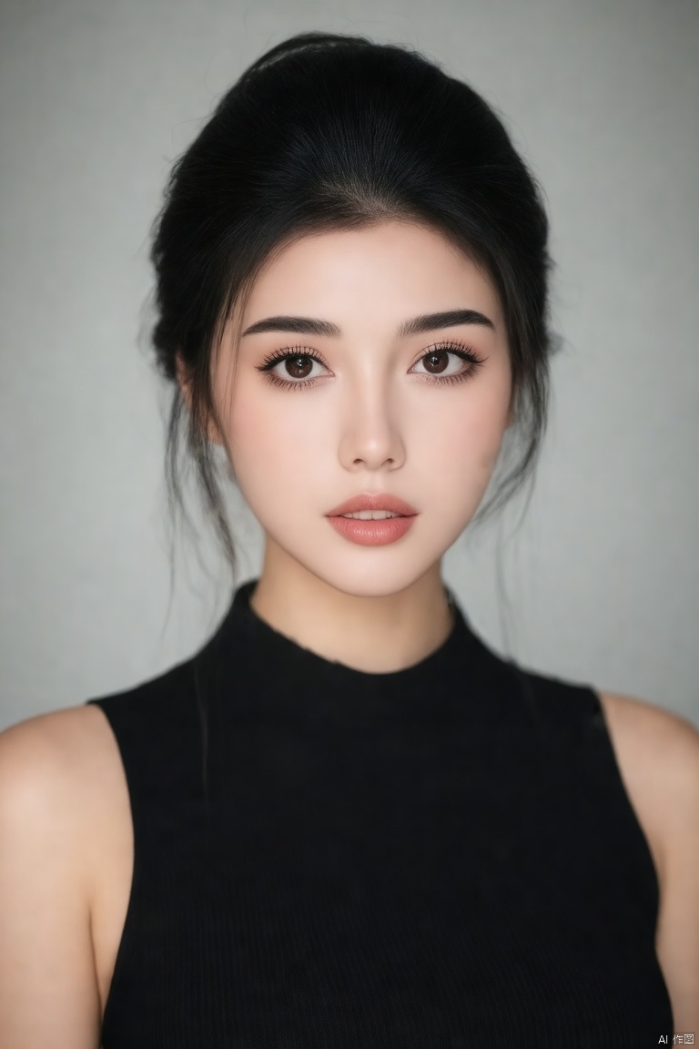 (best quality,4k,8k,highres,masterpiece:1.2),ultra-detailed,(realistic,photorealistic,photo-realistic:1.37),dark hair tied back,black sleeveless top,beautiful detailed eyes,beautiful detailed lips,extremely detailed eyes and face,long eyelashes,neutral expression,plain neutral background,soft lighting,subtle shadows,smooth skin,portrait,sharp focus,physically-based rendering,extreme detail description,professional,vivid colors,bokeh,studio lighting,high contrast,modern style,monochromatic,minimalist,calm atmosphere,serene,refined,graceful,delicate features,clear complexion,gentle gaze,slim figure,relaxed posture,contemporary art,hyperrealism,highlights and shadows,tonal balance,harmonious composition,subdued colors,even lighting,detailed texture,rich details,cohesive look,flawless finish,perfectly lit,artistic touch