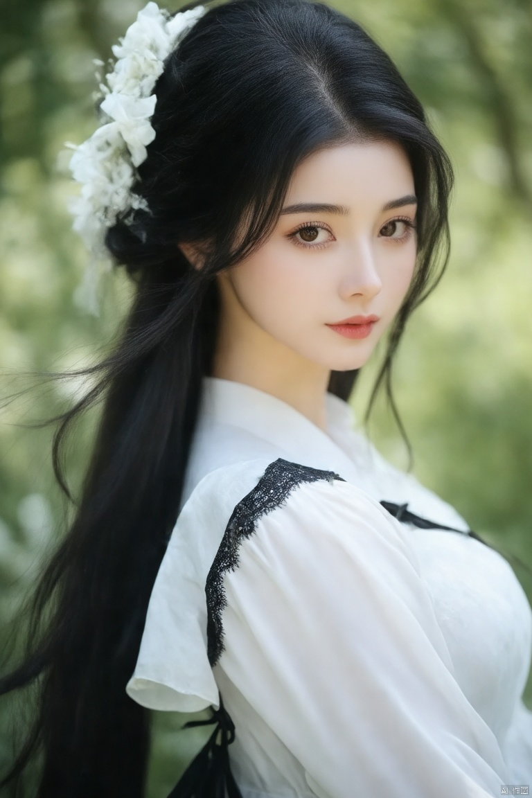 (best quality,4k,8k,highres,masterpiece:1.2),ultra-detailed,(realistic,photorealistic,photo-realistic:1.37),long black hair,white dress,black lace trim,beautiful detailed eyes,beautiful detailed lips,extremely detailed eyes and face,long eyelashes,serene expression,flowing hair,soft sunlight,gentle breeze,peaceful atmosphere,ethereal,delicate,soft shadows,soft focus,photography,romantic,whimsical,light pastel colors,soft lighting,early morning light,dreamy,calm,relaxed,tranquil,harmonious,beautiful scenery,natural setting,graceful,poised,fine details,sharp focus,physically-based rendering,professional,vivid colors,bokeh