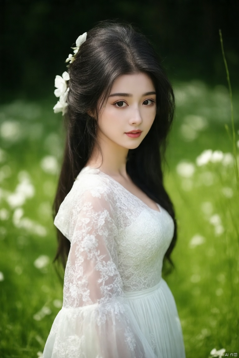 (best quality,4k,8k,highres,masterpiece:1.2),ultra-detailed,(realistic,photorealistic,photo-realistic:1.37),long dark hair,white lace dress,detailed lace,standing outdoors,sunny day,serene setting,beautiful detailed eyes,beautiful detailed lips,extremely detailed eyes and face,long eyelashes,soft sunlight,gentle breeze,flowing hair,peaceful atmosphere,green grass,flowers in background,soft shadows,natural light,soft focus,bokeh,romantic vibe,vivid colors,calm expression,delicate features,ethereal,tranquil scene,photography,portrait,high contrast,sharp details