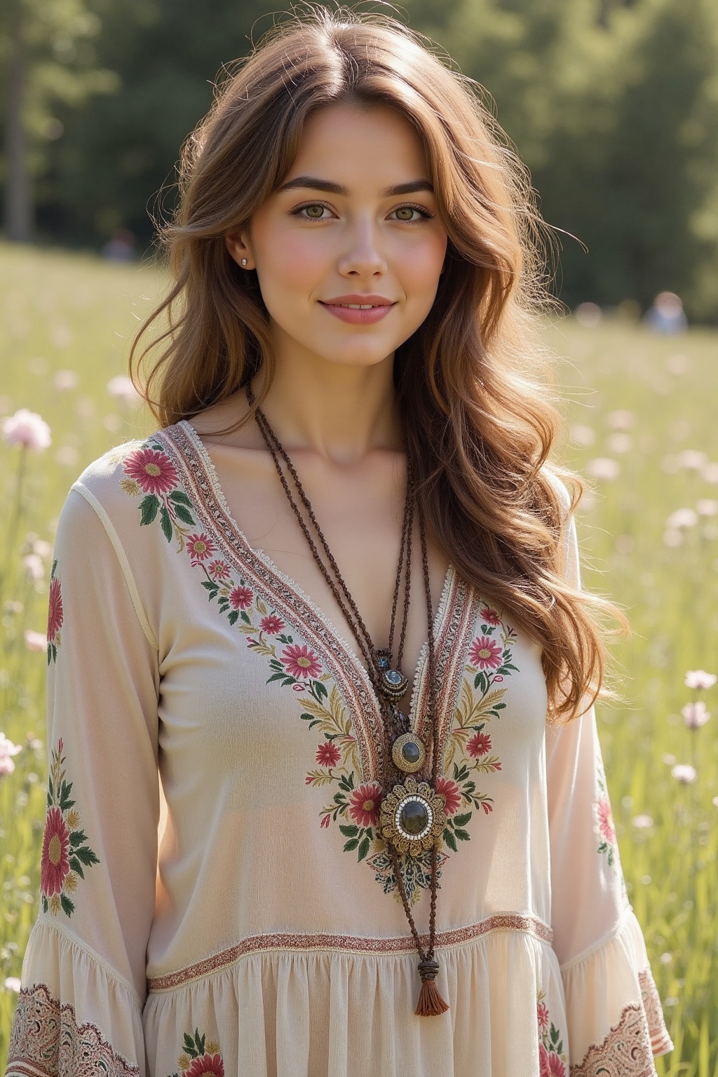 Create an image of a woman’s upper body in the free-spirited Hippie style. She should have long,  flowing hair with natura...