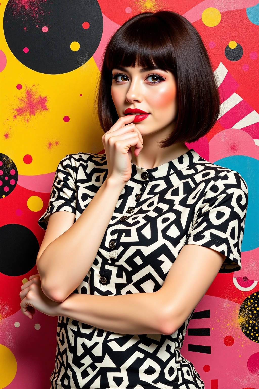 Create an image of a stunning woman in a 1960s mod style. She is dressed in a short,  geometric print dress with a bold,...