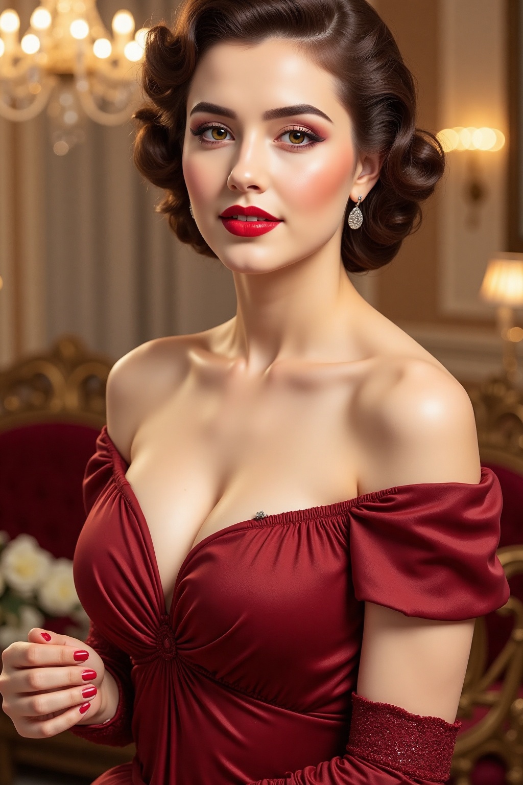 Generate an image of a beautiful woman in a classic 1940s Hollywood style,  with a deep red lipstick,  perfectly curled ha...