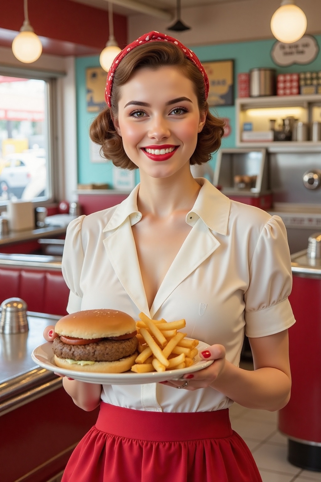 A charming 1950s diner waitress with a white blouse,  red skirt,  and a headscarf on Tensor.Art