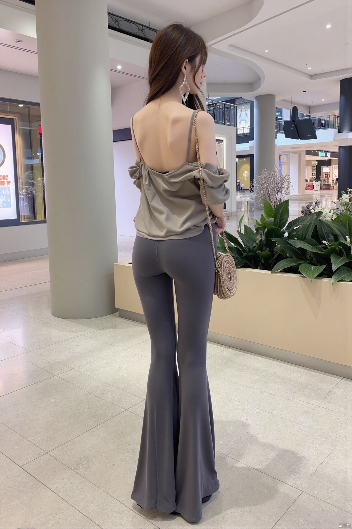 Realistic photos, 1girl, back view, hairstyle, big earrings, fair skin, off-shoulder shirt, yoga wide-leg pants, long legs, full body, shopping, large commercial plaza,